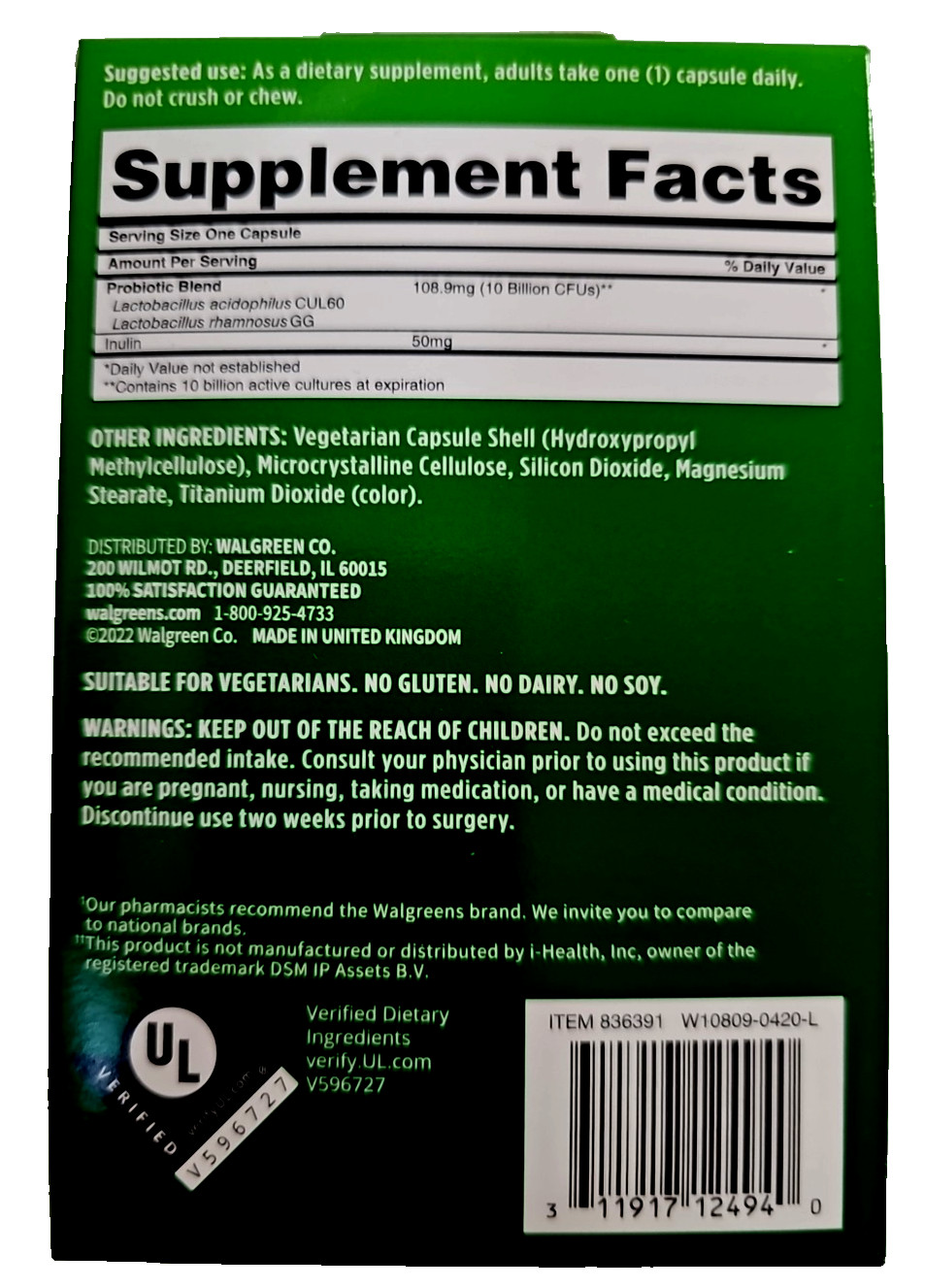Walgreen’s Probiotic 50 Caps Once Daily 10 Billion Active Cultures Exp 5/2027