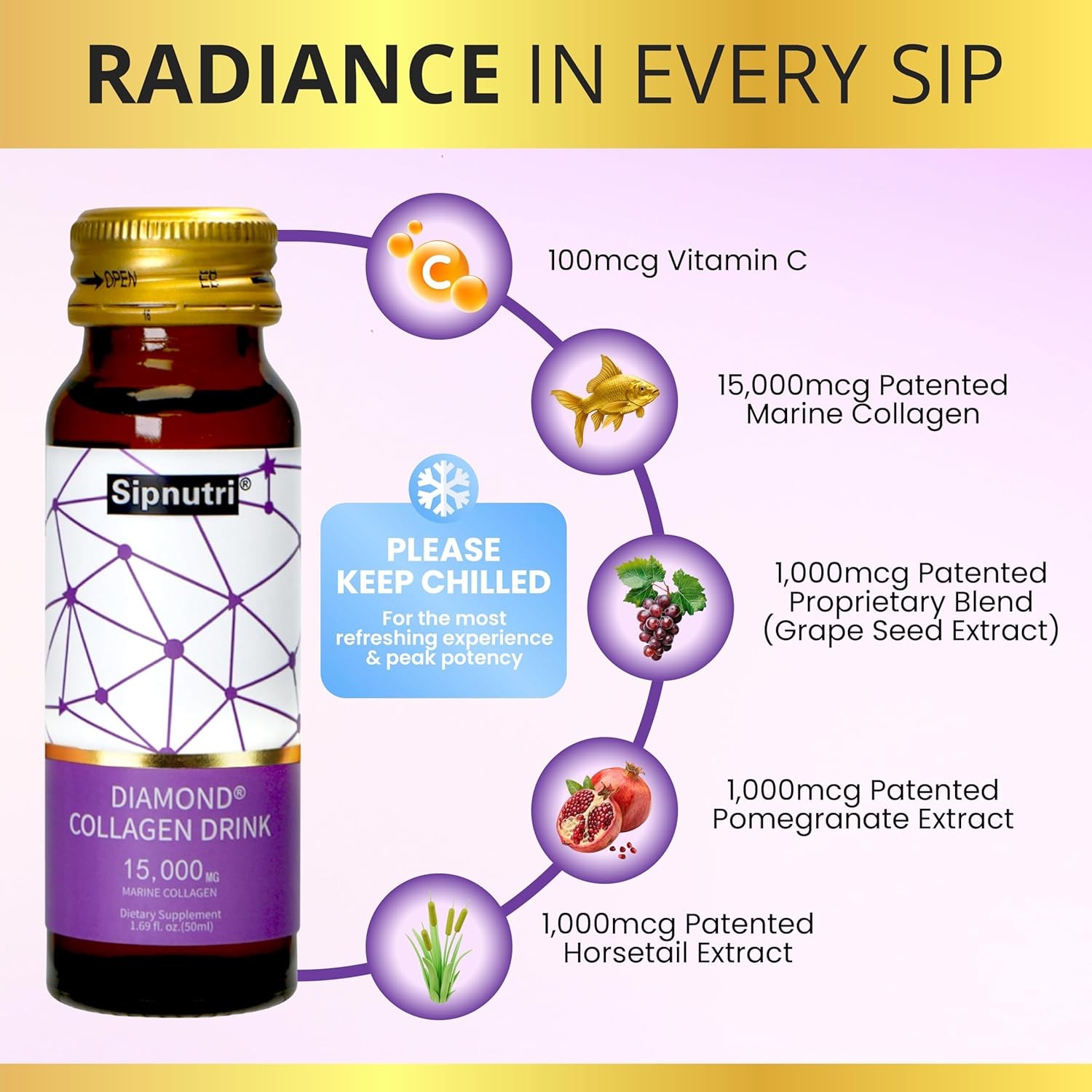 Sipnutri Diamond Collagen Drink 15g, Marine Collagen for Women Men 30 Bottles