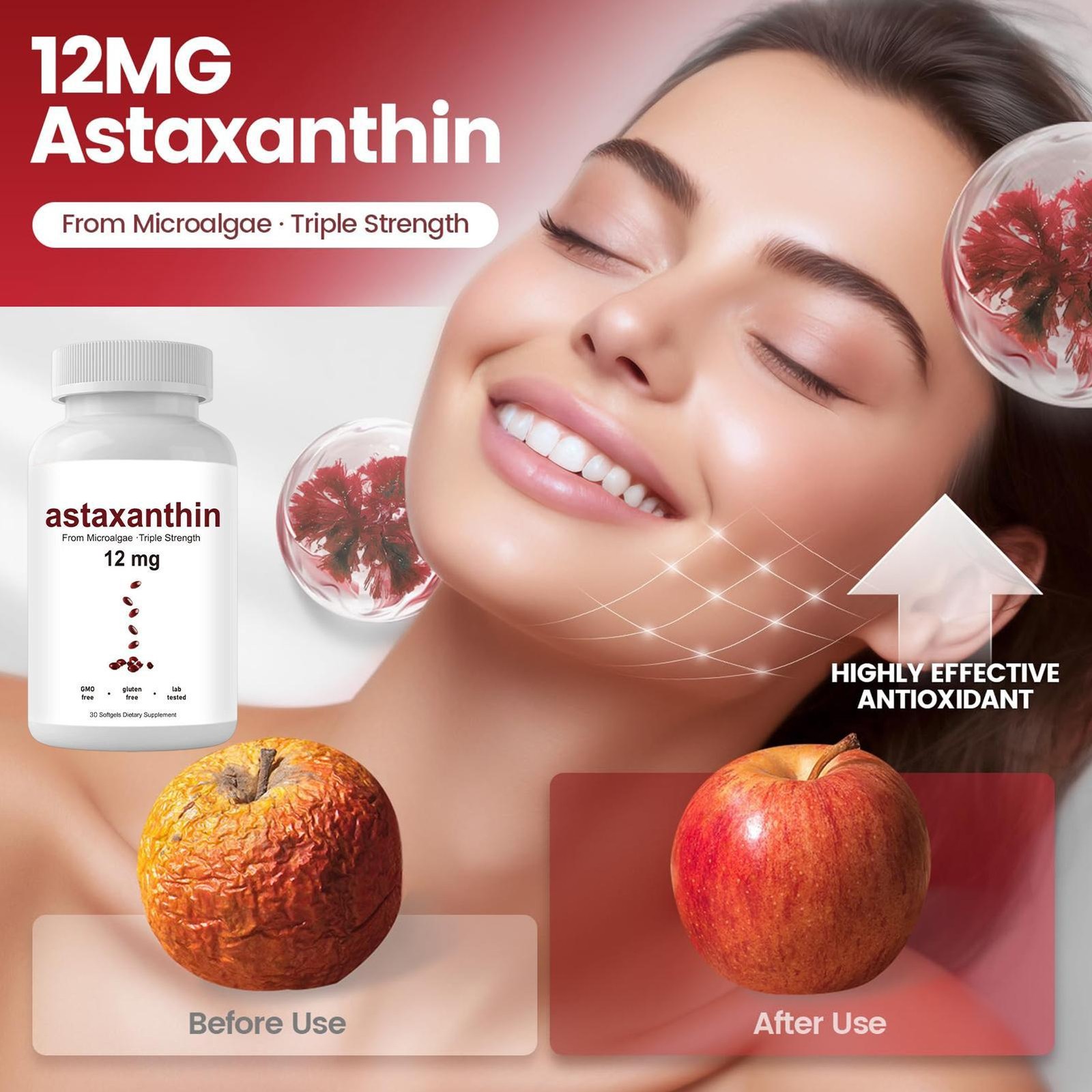 Astaxanthin 12mg, 30 softgels, tanning pills