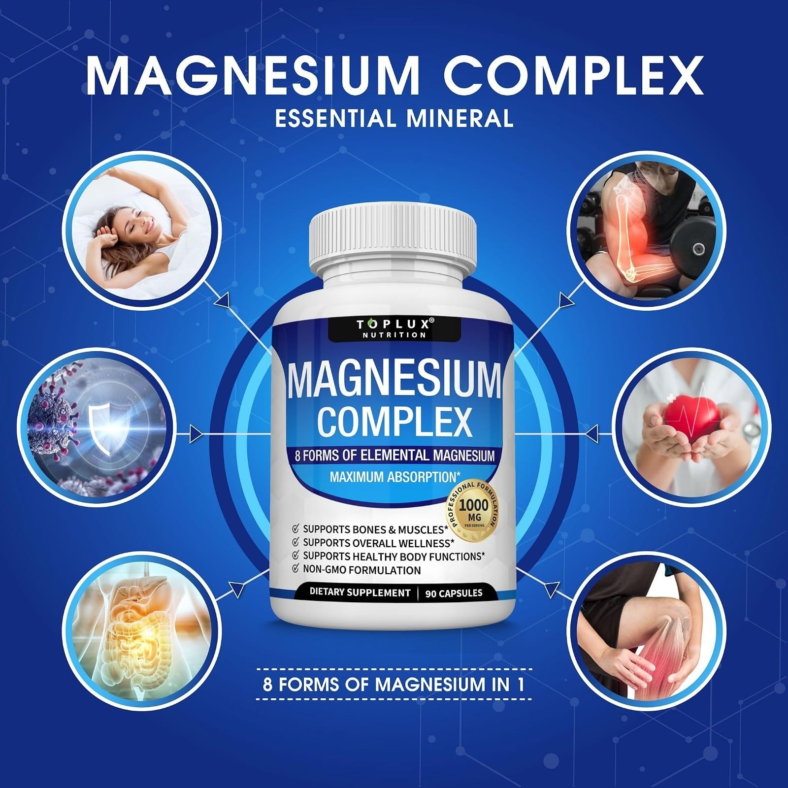 Toplux Magnesium Complex Supplement 1000mg – 90 Capsules for Muscle & Bone