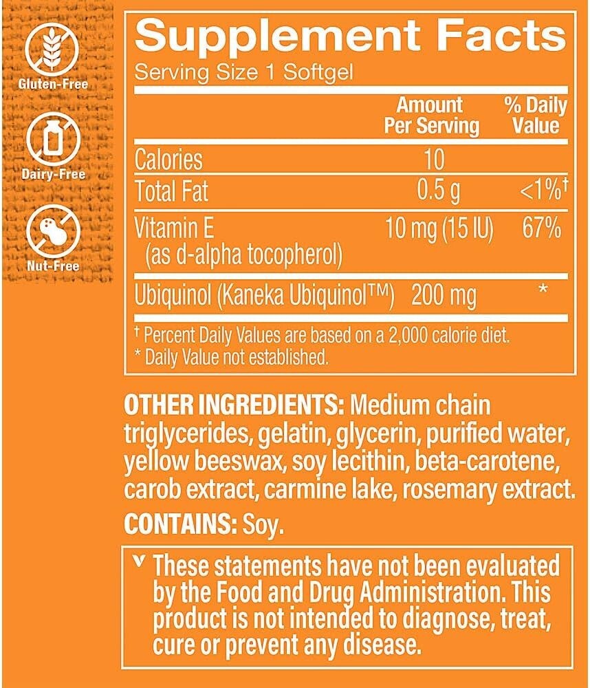 Ubiquinol CoQ-10- Helps Energy Production Supports Cellular 200-MG 120-Softgels