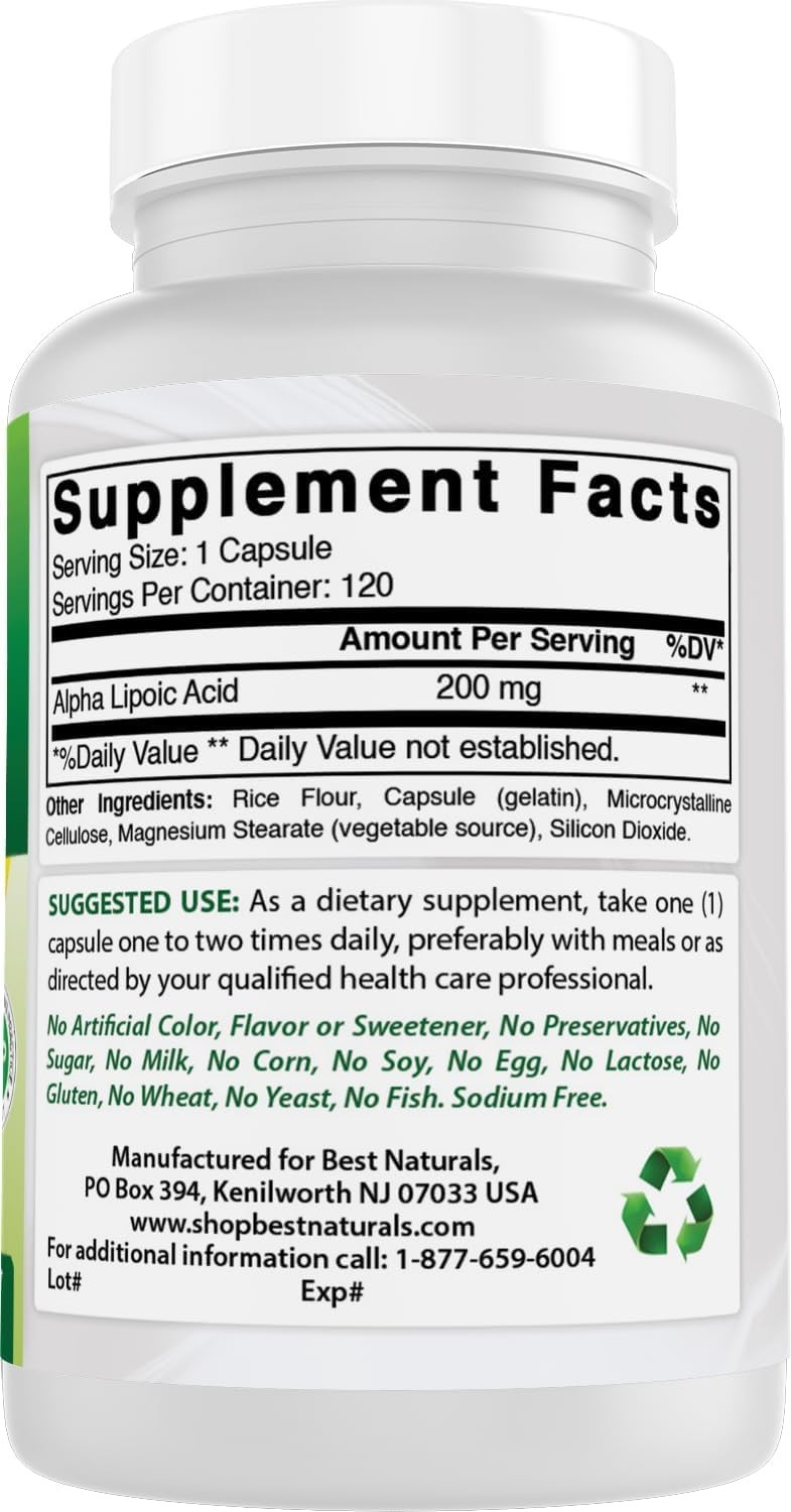 Best Naturals Alpha Lipoic Acid 200 Mg 120 Capsules 120 Count (Pack of 1)
