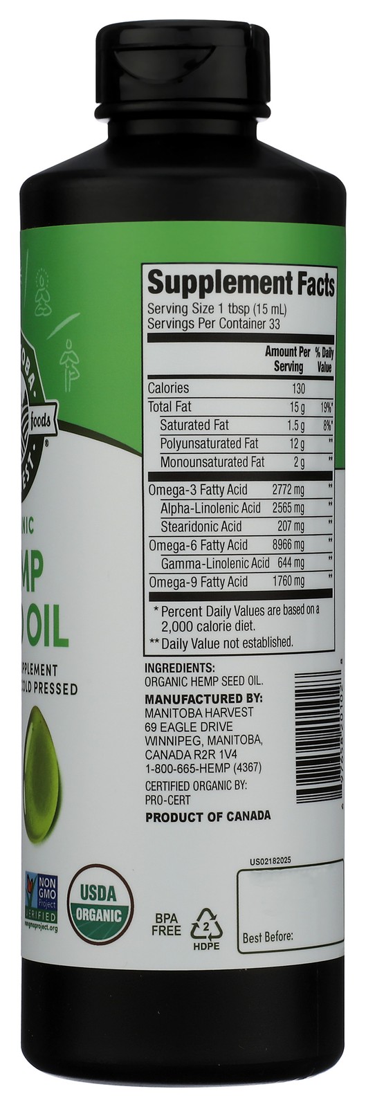 Organic Hemp Seed Oil Manitoba Harvest Gluten Free 16.9 Fl Oz Supplement 1 Pack