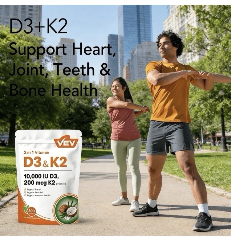 VEV Vitamin D3 & K2 10,000 IU D3 200 mcg K2 300 Softgels Coconut Oil Vegan