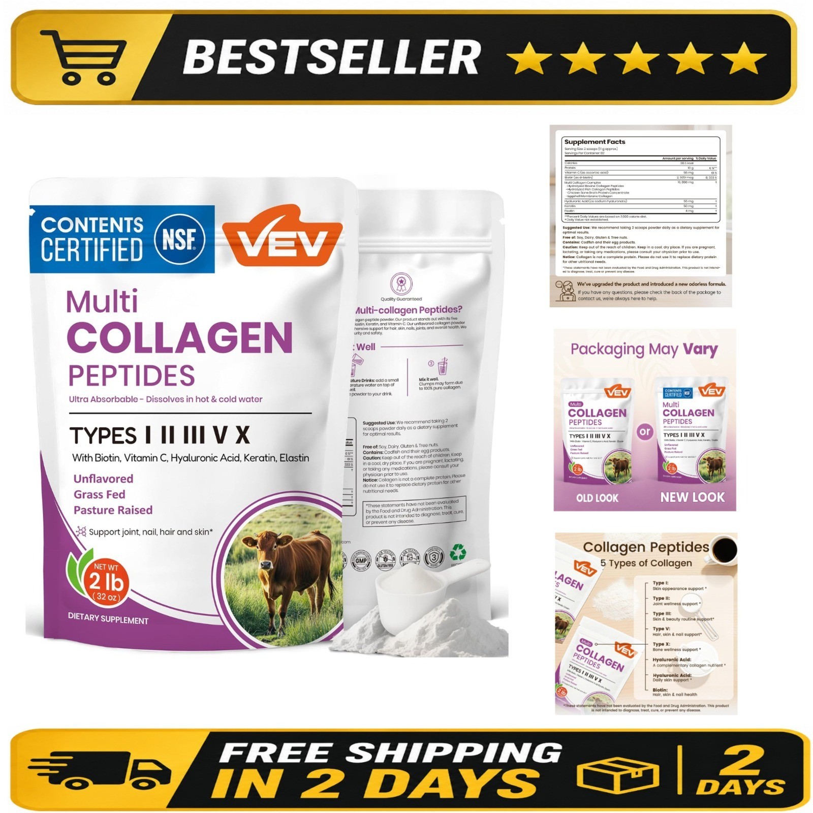 VEV Multi Collagen Peptides Powder 32 oz – Unflavored Hydrolyzed Collagen