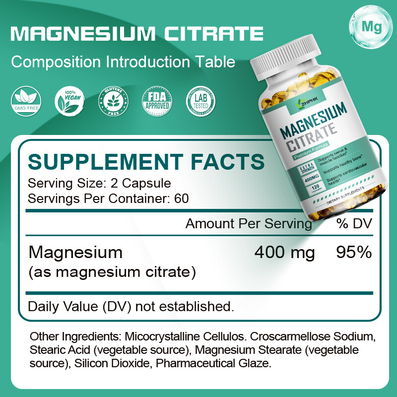 120pcs Magnesium Citrate- Brain & Nervous System,Healthy Bone Dietary Supplement