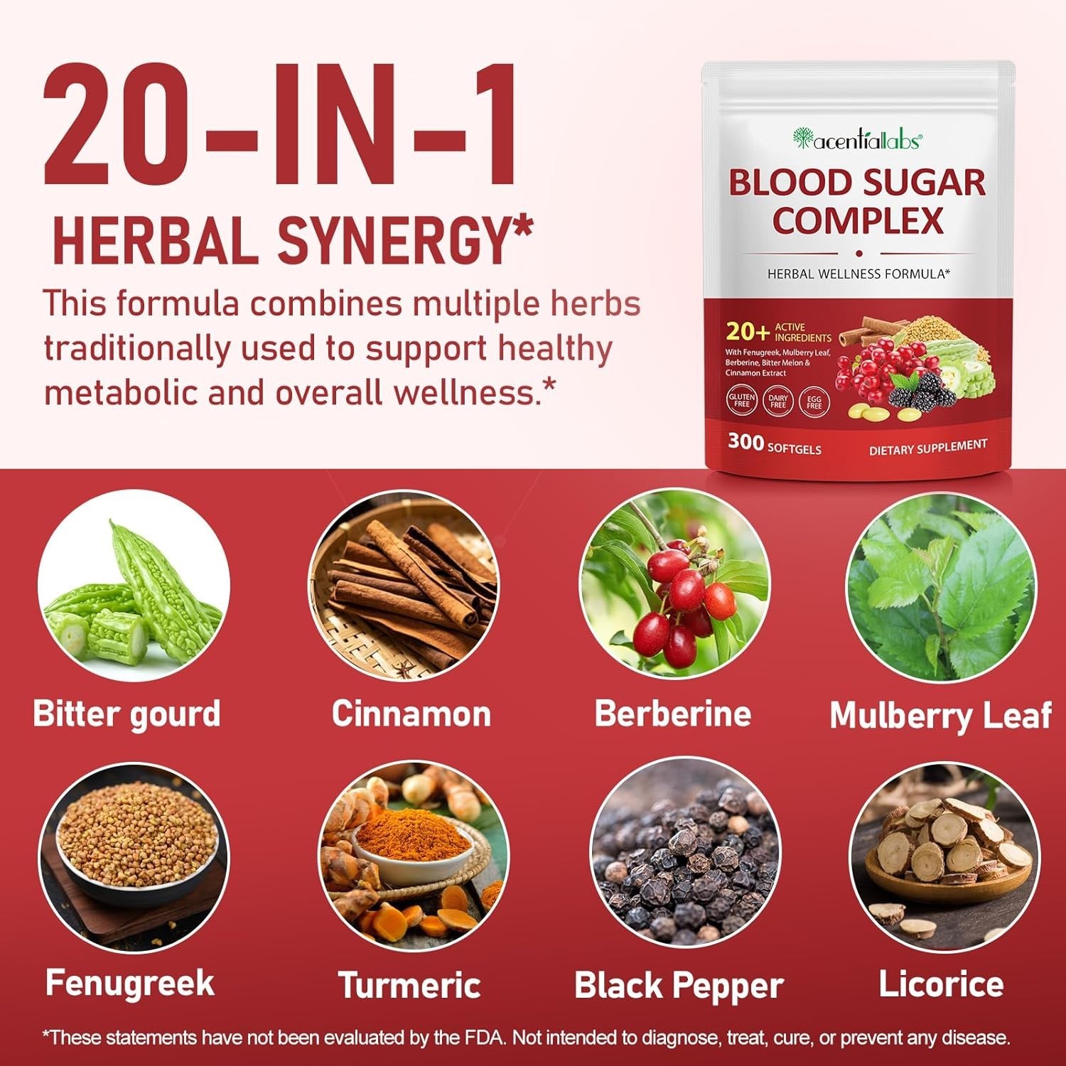 Acential Labs Blood Sugar Complex Supplement 300 Softgels 20+ Active Ingredients