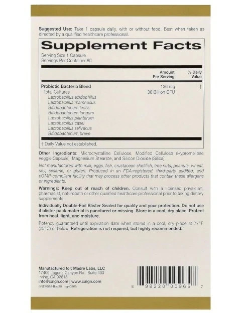 California Gold Nutrition LactoBif Probiotics 30 Billion CFU 60 Veggie Capsules