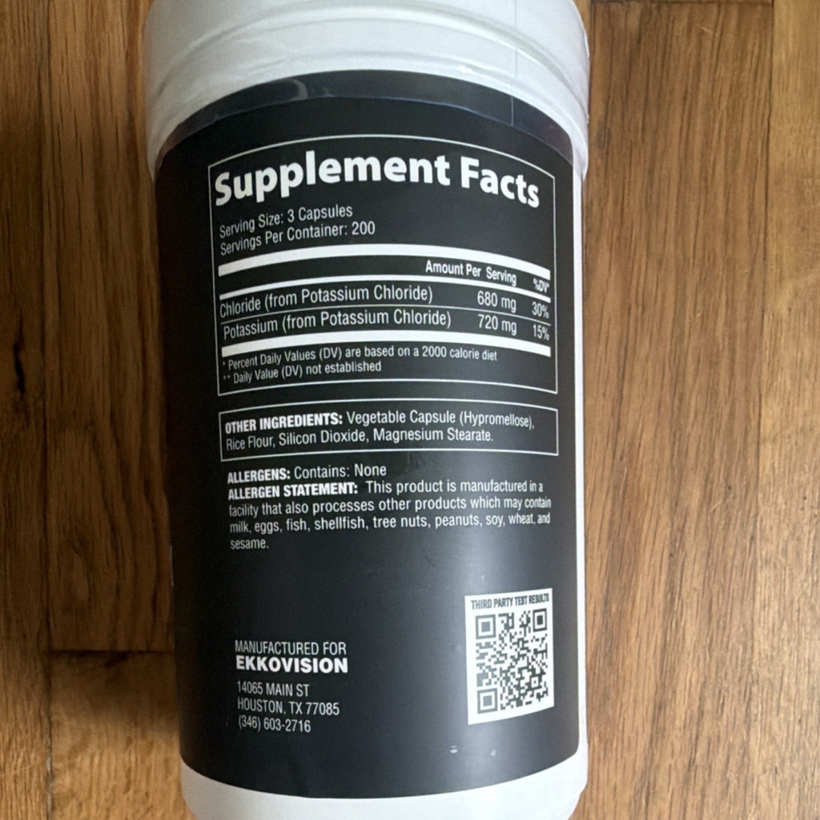 Ekkovision Potassium Chloride 600 Capsules Mineral Supplement Tree Nut-Free