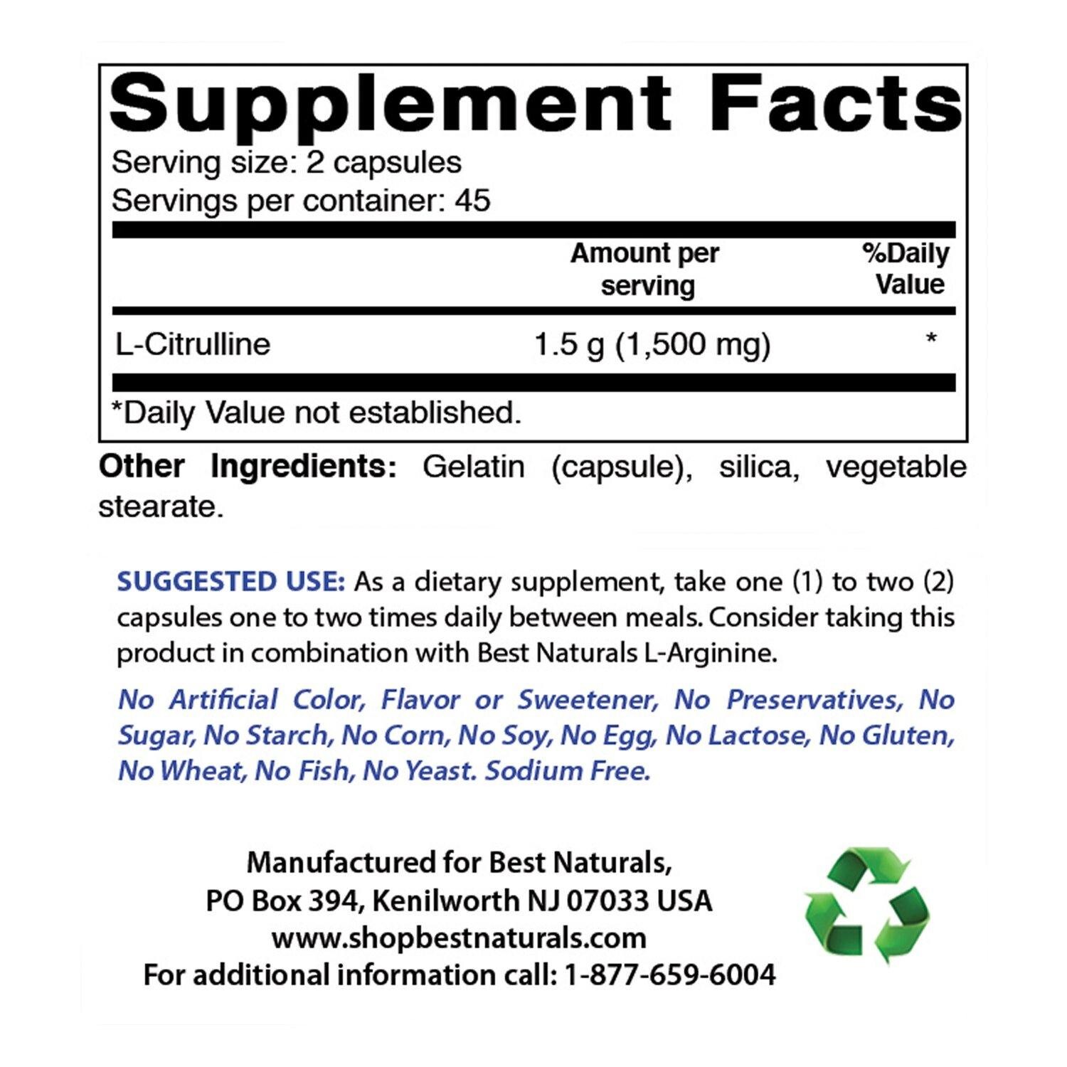 2 Pack Best Naturals L-Citrulline 1500mg/Serving 90 Capsules