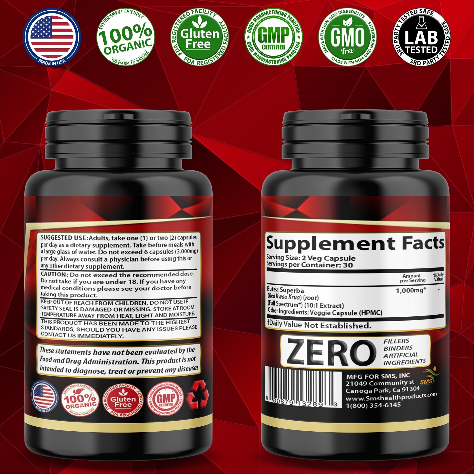 3 X Organic Butea Superba Red Kwao Krua 1000mg DAILY Veg Caps Men’s Health 180