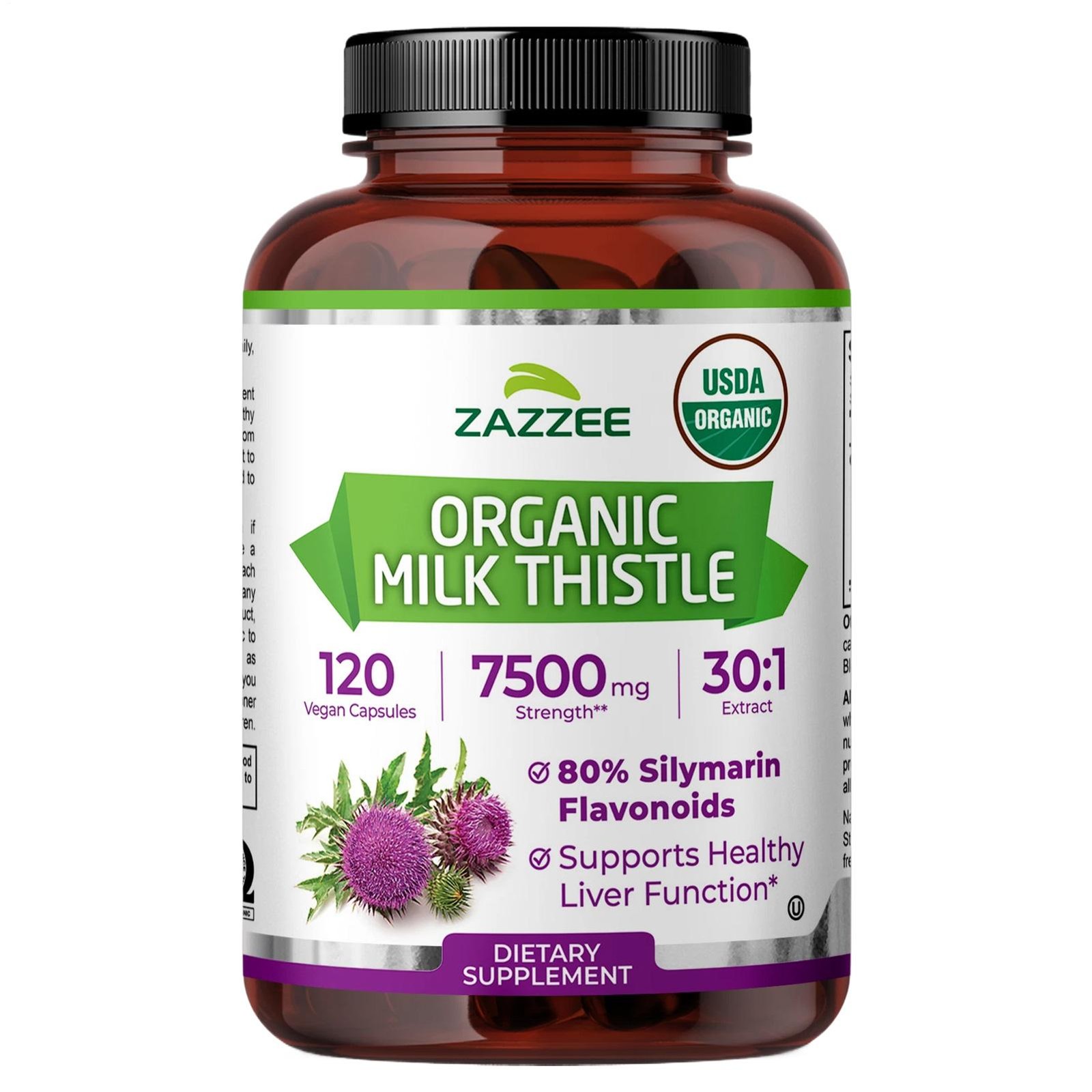 Organic Milk Thistle 7500 Mg Strength 120 Vegan Caps 80% Supplements （1-3 PACK）
