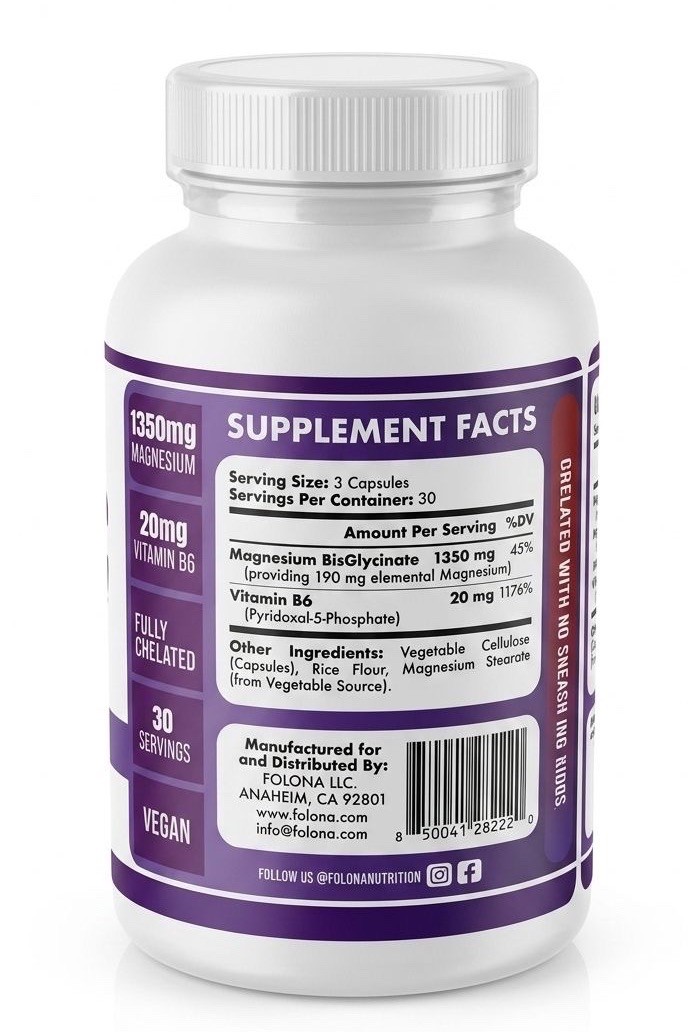 Folona Magnesium BisGlycinate Vitamin B6 1350mg 20mg Vegan Non-GMO 90 Capsules