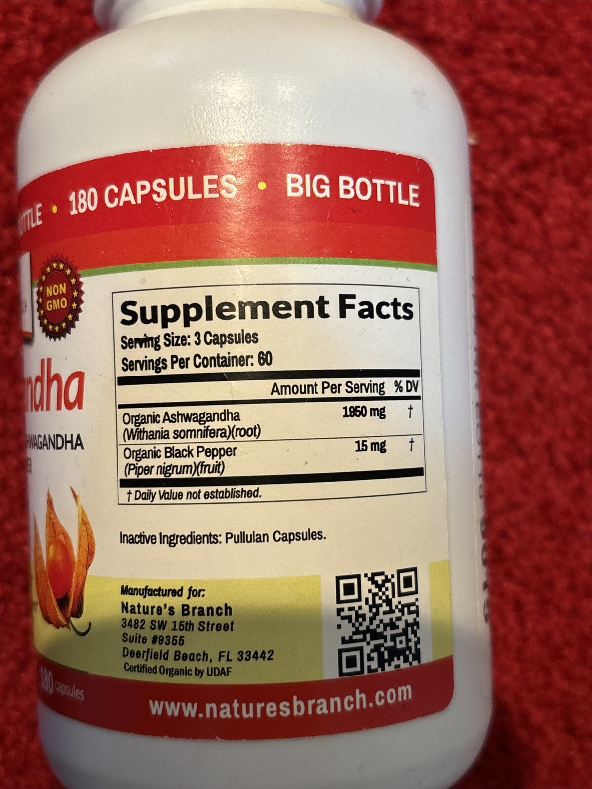 Organic Ashwagandha w/ Black Pepper 1950mg 180 Capsules Exp 7/25