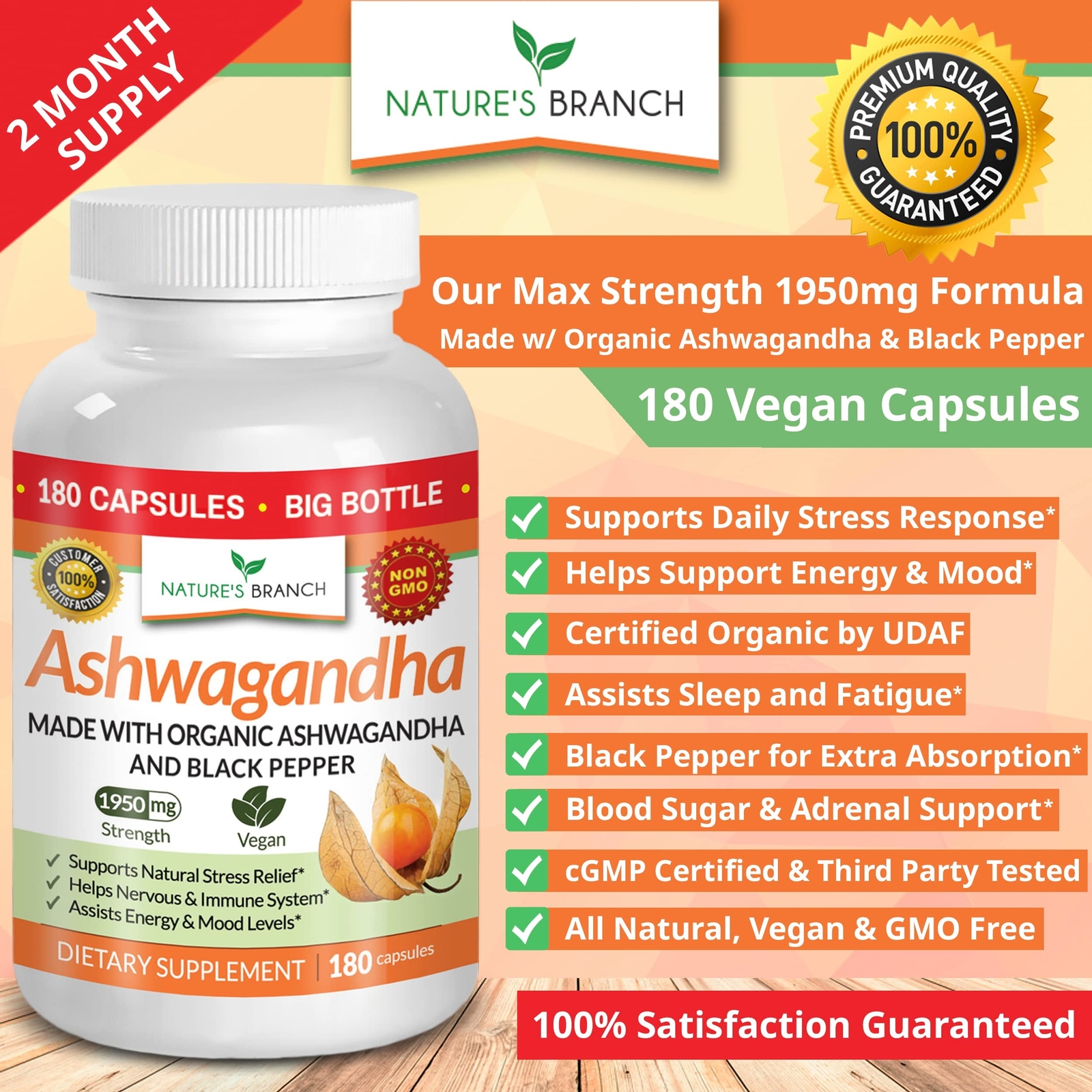 Organic Ashwagandha with Black Pepper – 180 Capsules – 1950mg Maximum Strengt…