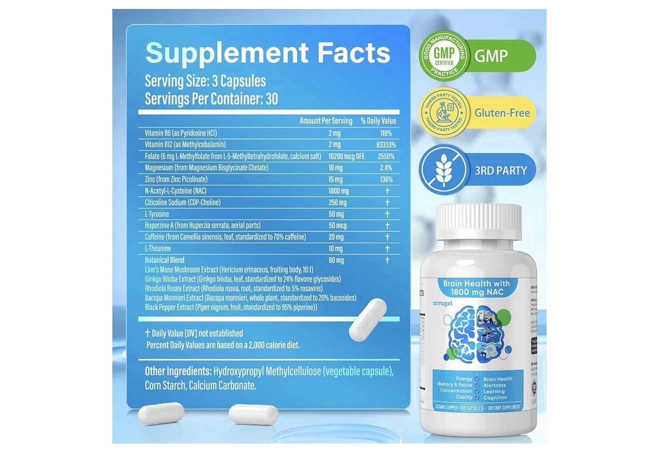 NAC 1800mg –N-Acetyl Cysteine with CDP-Choline Lion’s Mane Rhodiola & L-Theanine