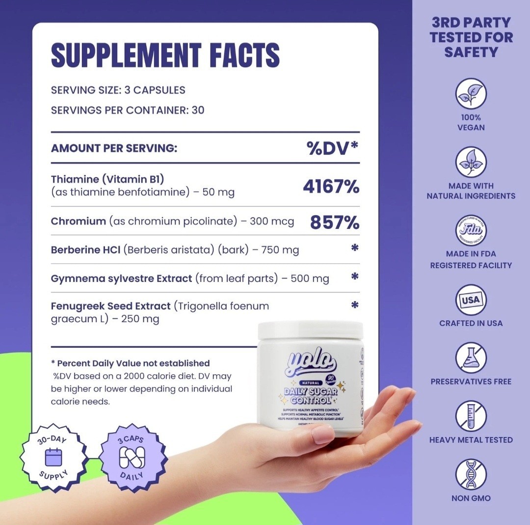 YOLO Healthy Daily Sugar Control Vegan Daily Capsules Blood Sugar Levels (90 CT)