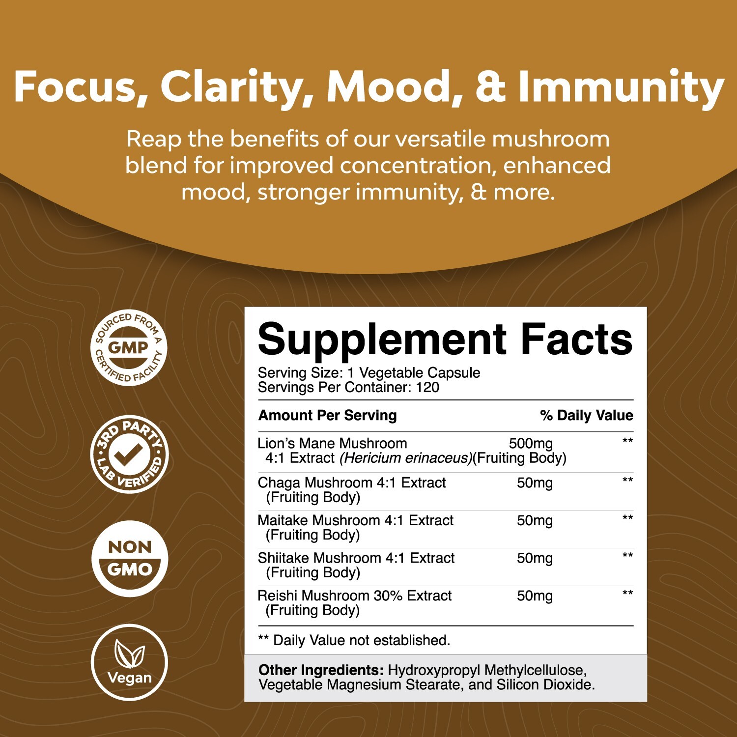 Nootropic Lions Mane Mushroom Capsules 120ct