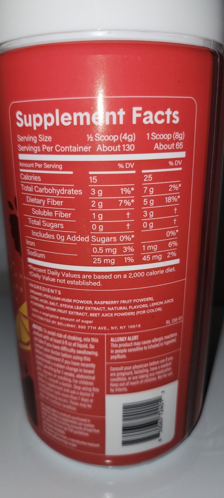 Bellway Super Fiber + Fruit Psyllium Husk Powder No Sugar Raspberry Lemon 18 oz