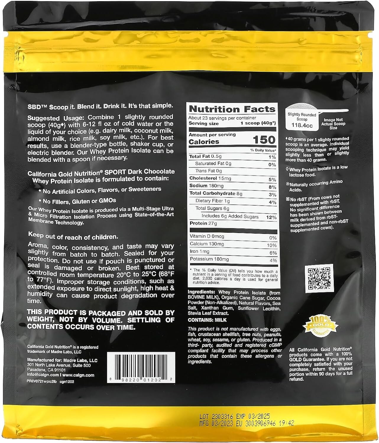 California Gold Nutrition Dark Chocolate Whey Protein Isolate Bovine 907g NEW