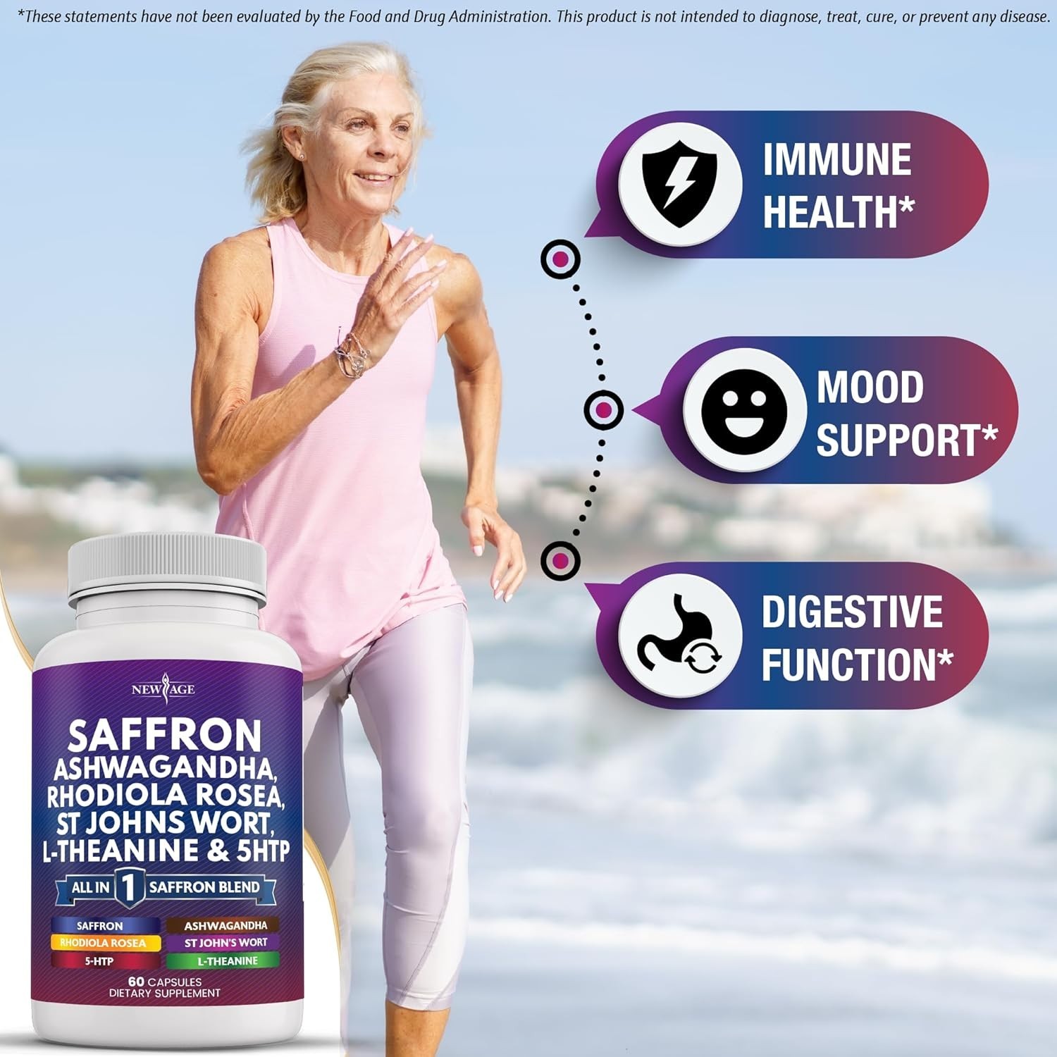 NEW AGE Saffron Ashwagandha L-Theanine Ginkgo 5-HTP Rhodiola 120 Count (2 Pack)