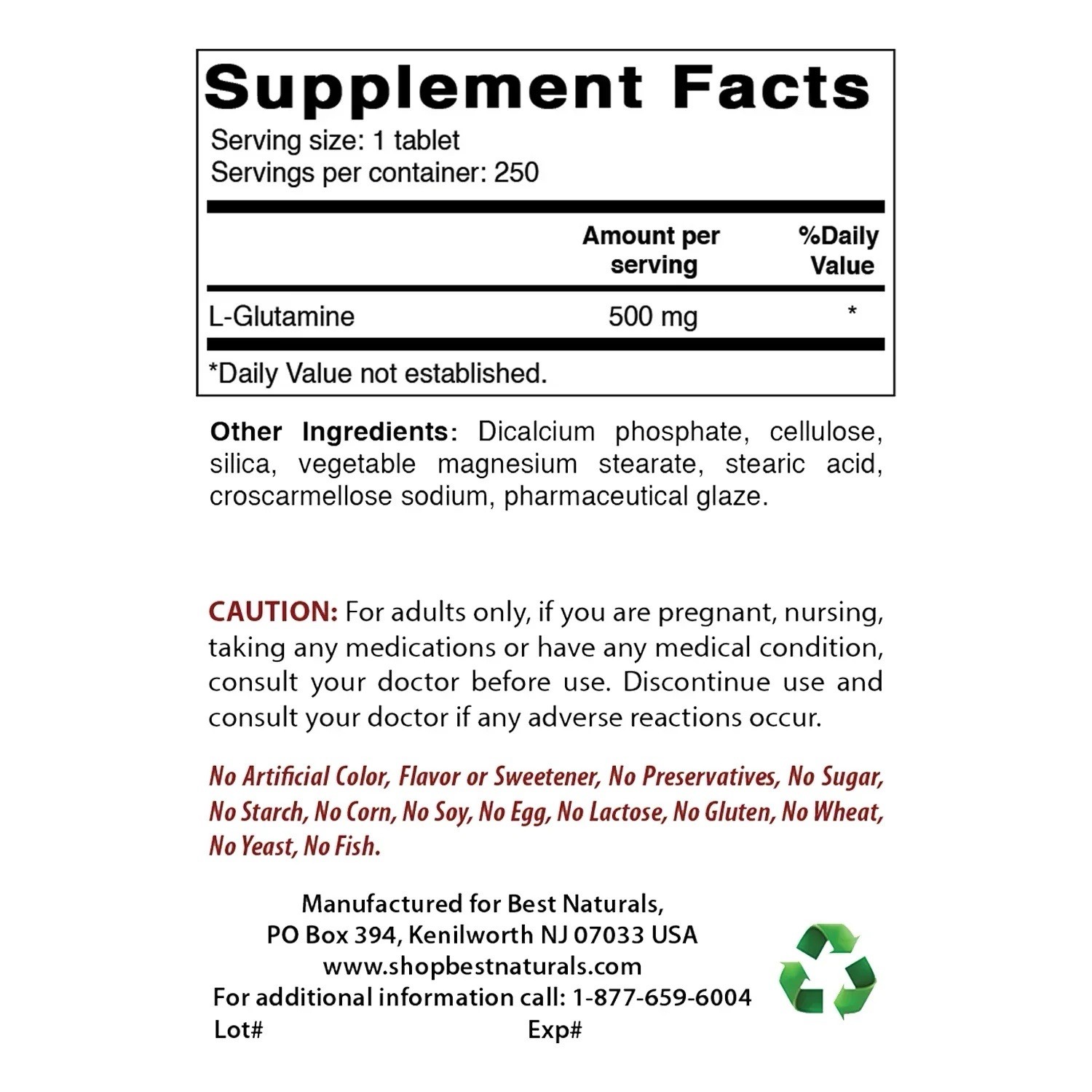 Best Naturals L-Glutamine 1000mg Tablets Non-GMO Lab Tested Amino Acid 180 Count
