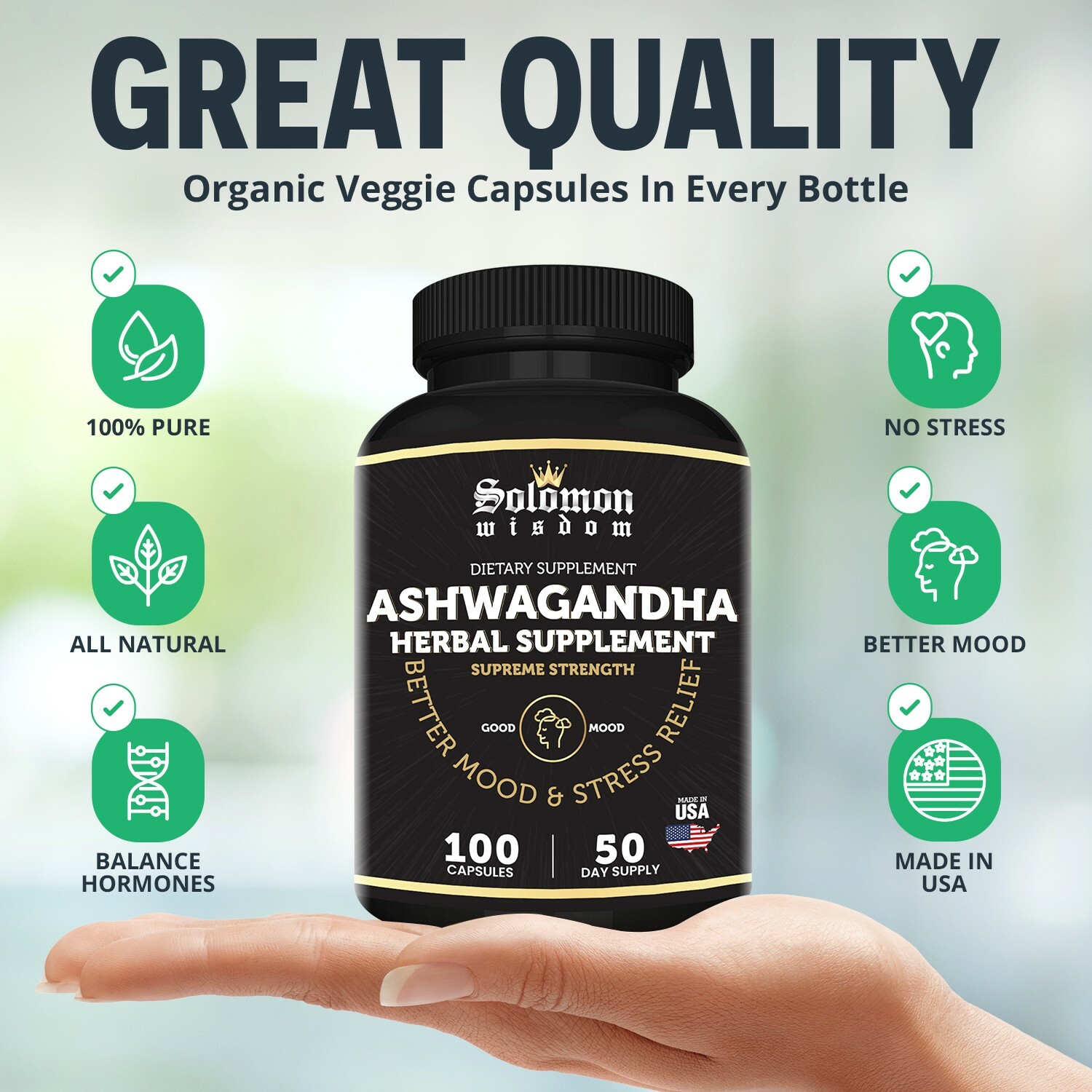 Organic Ashwagandha Root Powder with Black Pepper Extract – 100 Veggie Capsules