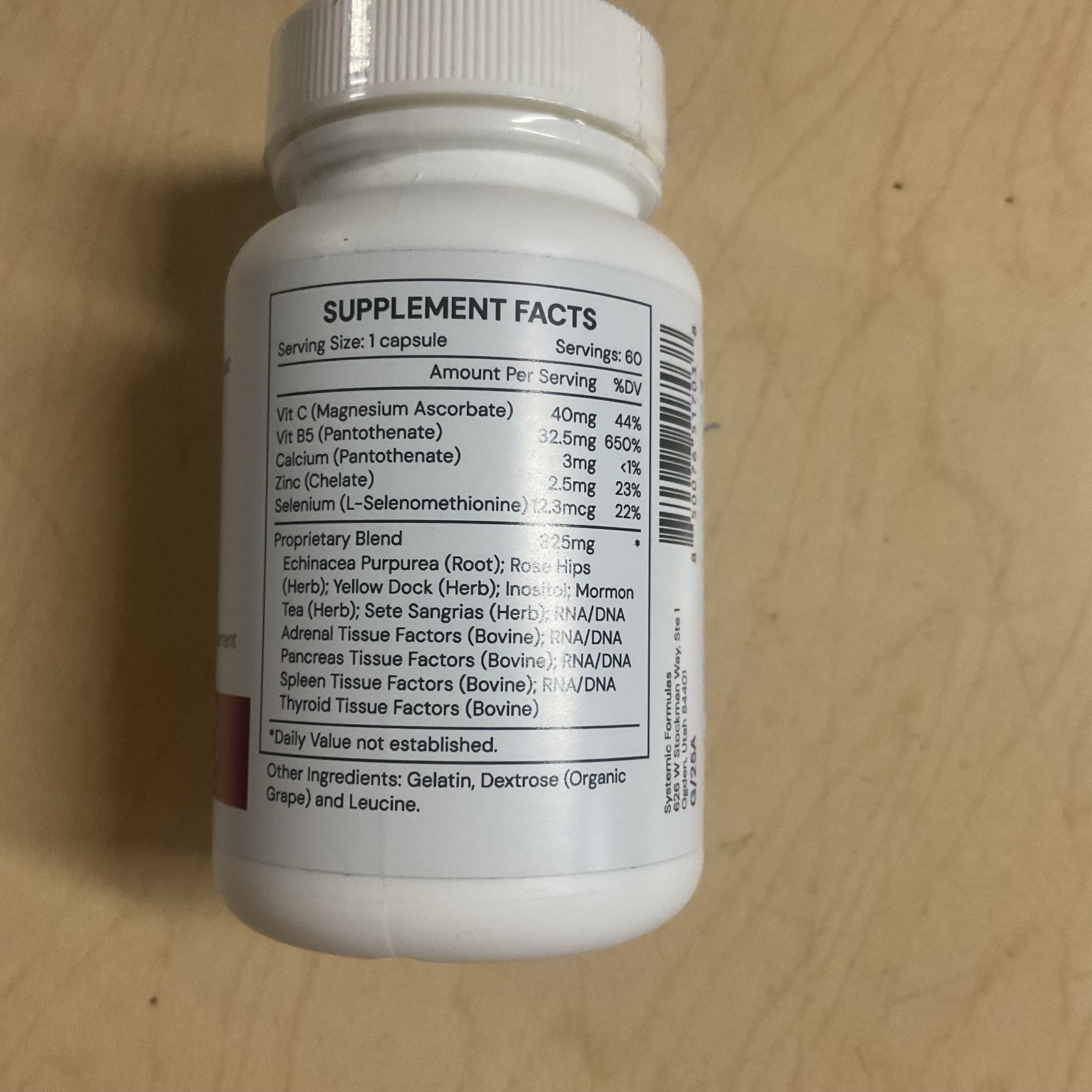 Systemic Formulas Inc Adrenal Support Vitamin C B5 Zinc Selenium 60 Capsules