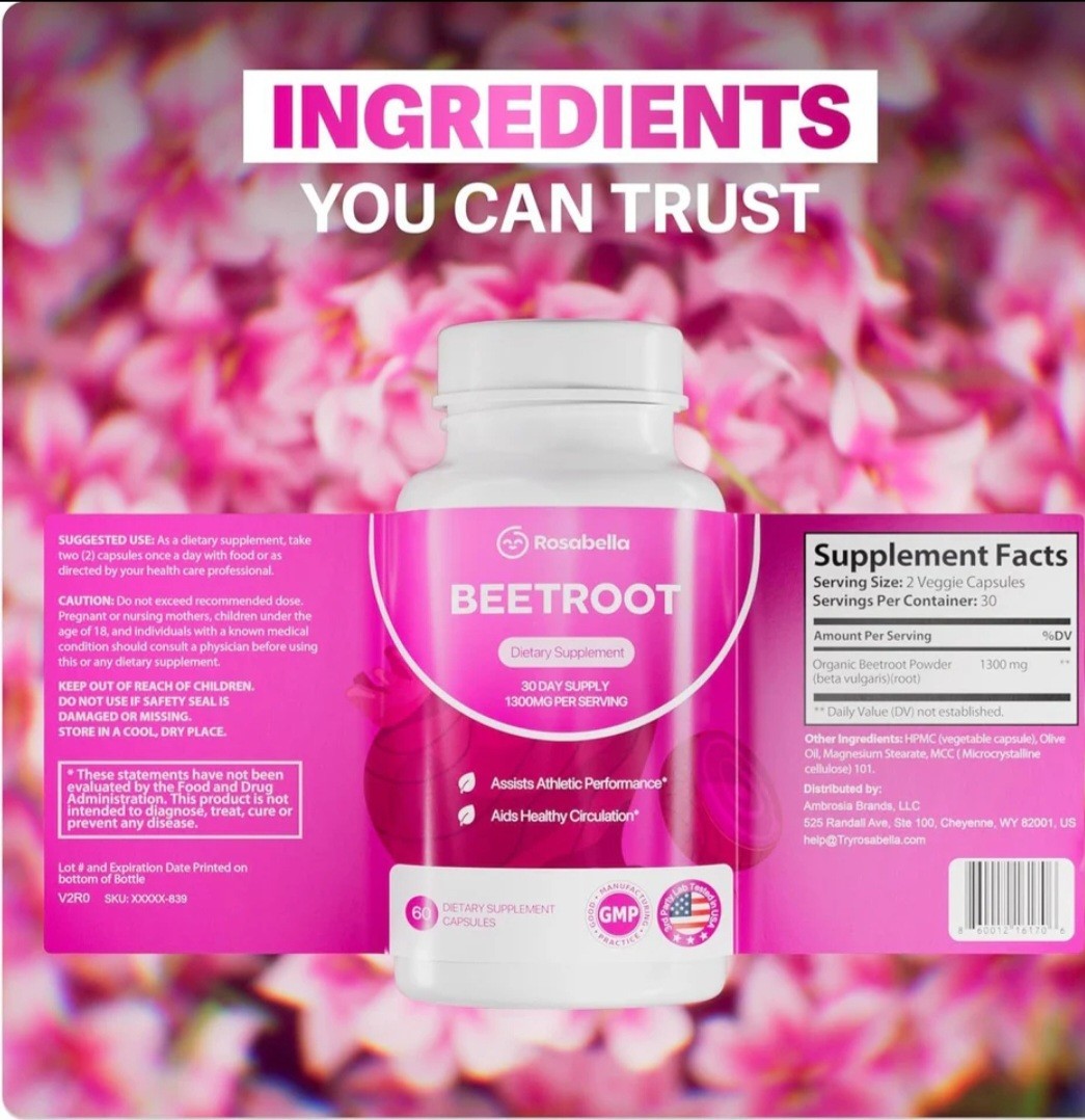 Rosabella Organic Beetroot 1300mg 60 Veggie Capsules Dietary Supplement