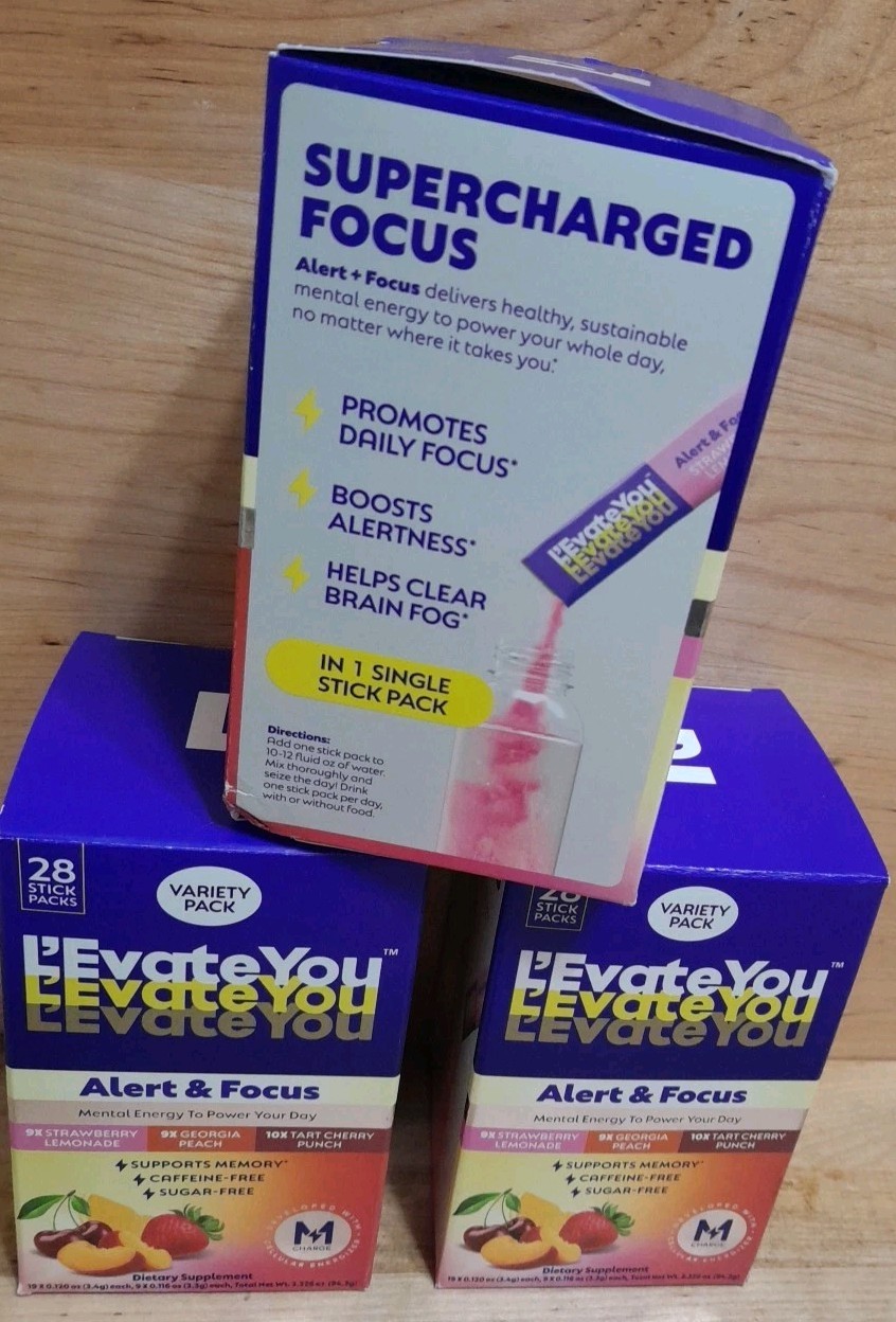 3 BOXES LOT L’Evate You Levate You Alert & Focus 28 Stick Pack Flavors LIMITED!!