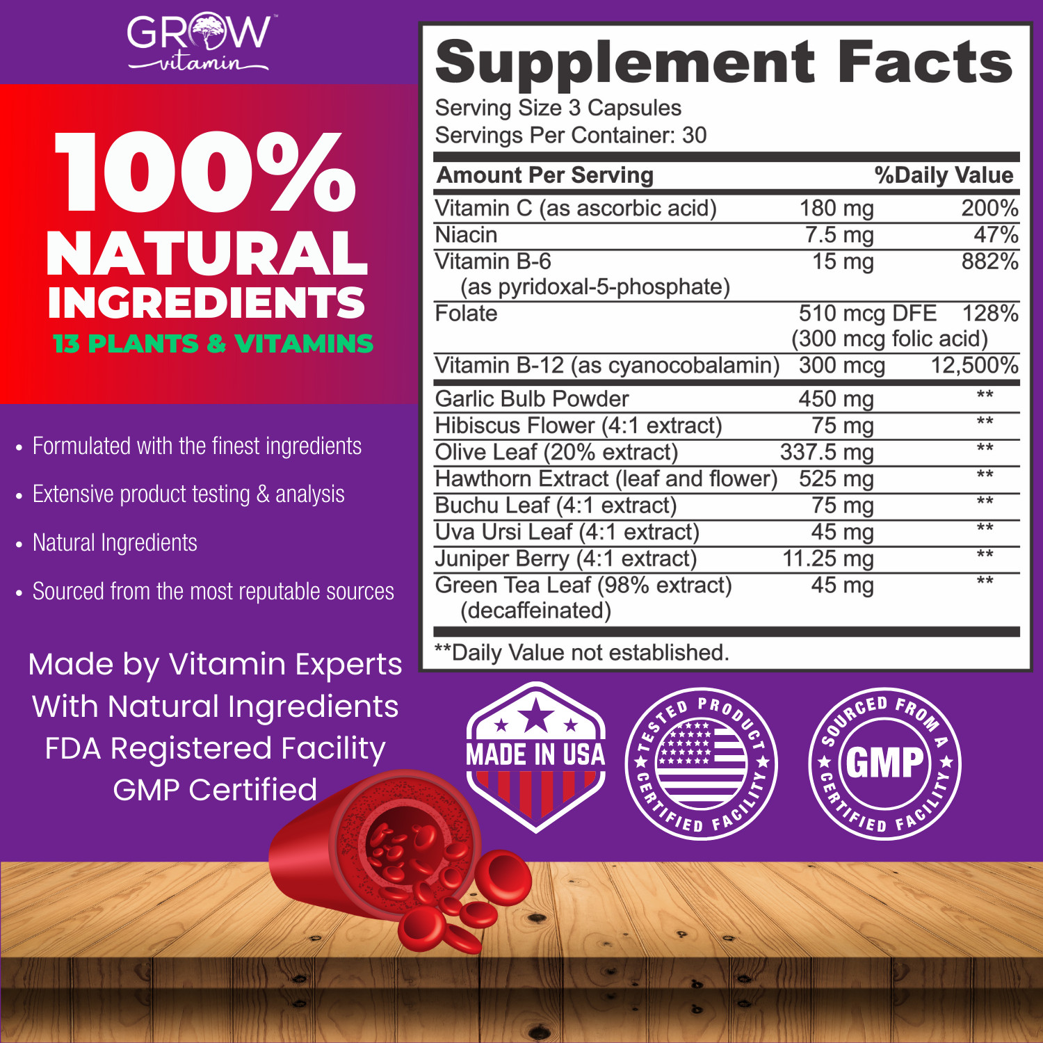 Blood Pressure Support Supplement | Cardiovascular Health | Grow Vita. 90 Count