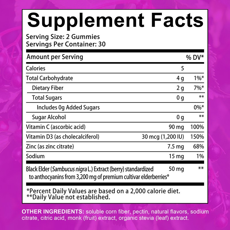 Black Elderberry Gummies-Vegetarian Immune Supplement,Zinc,Vitamin C&D3 60 Count