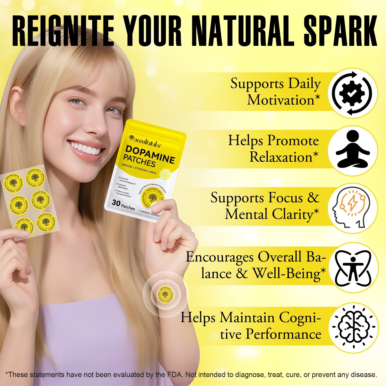 ACENTIALLABS Dopamine Support Patches | Mood, Focus & Mental Clarity | 30 Cts