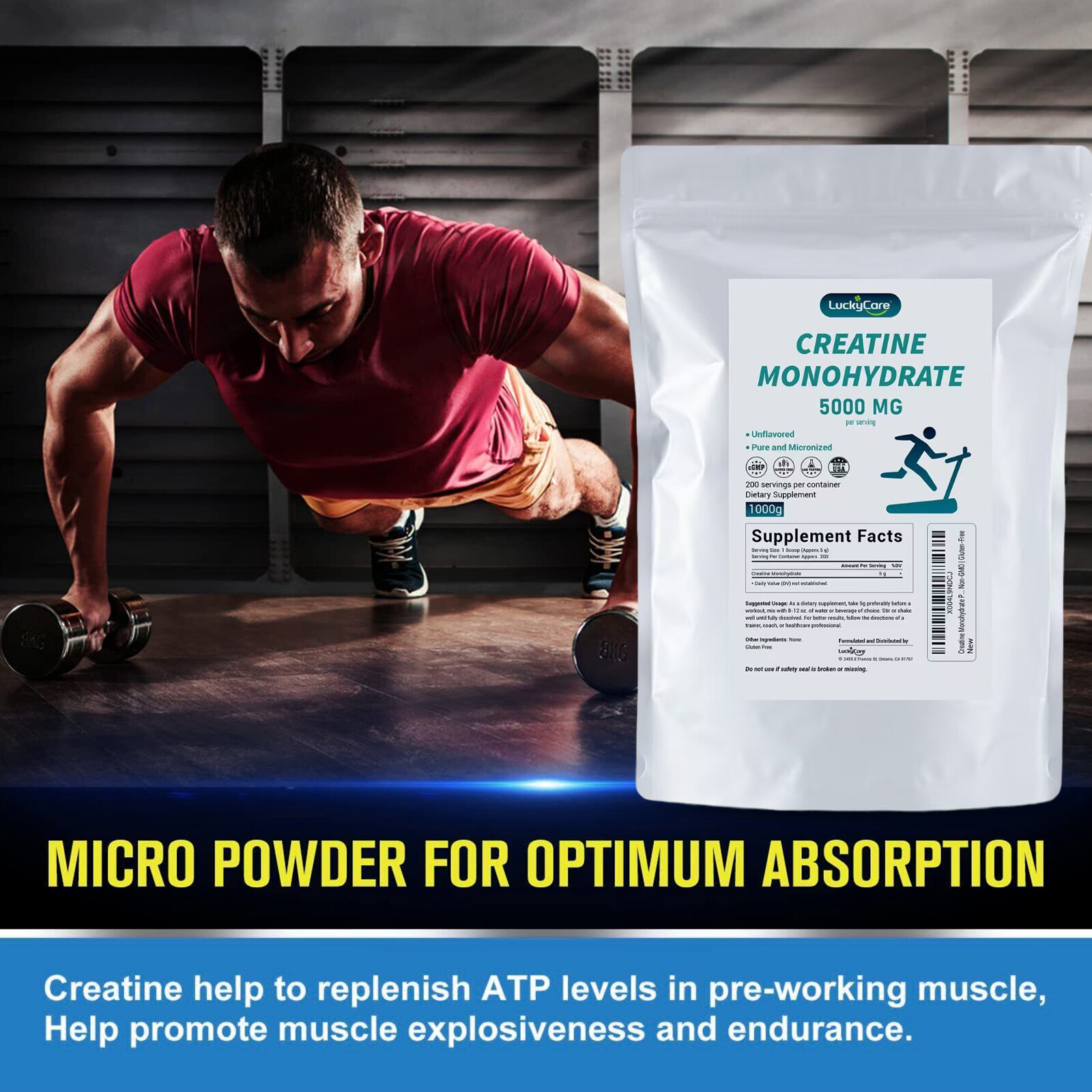 Creatine Monohydrate Powder 1000g NON-GMO 100% Pure Creatine Powder 200 Servings