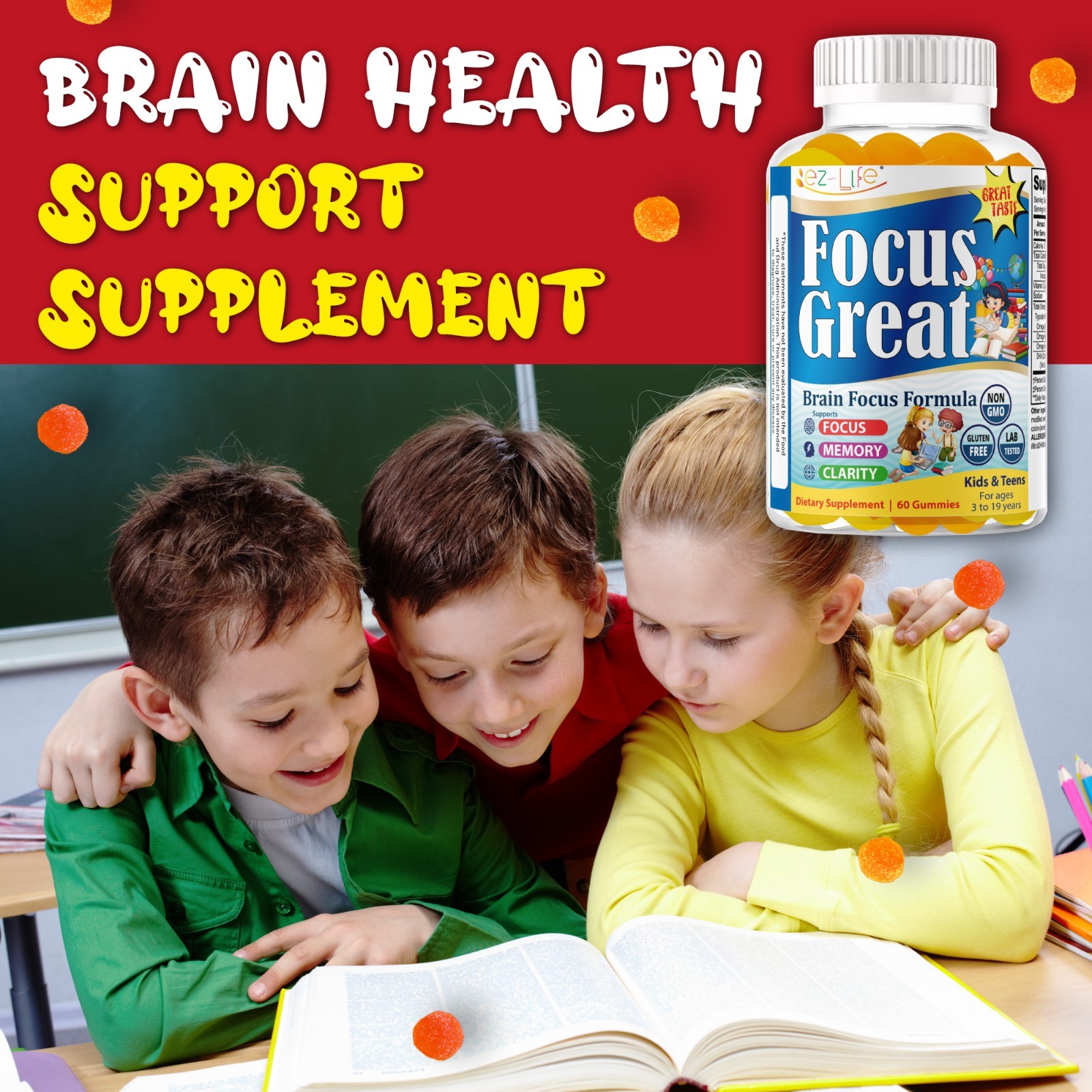 Focus Great Children DHA Gummies – Omega 3 for Kids-Focus Gummies for Teens-60