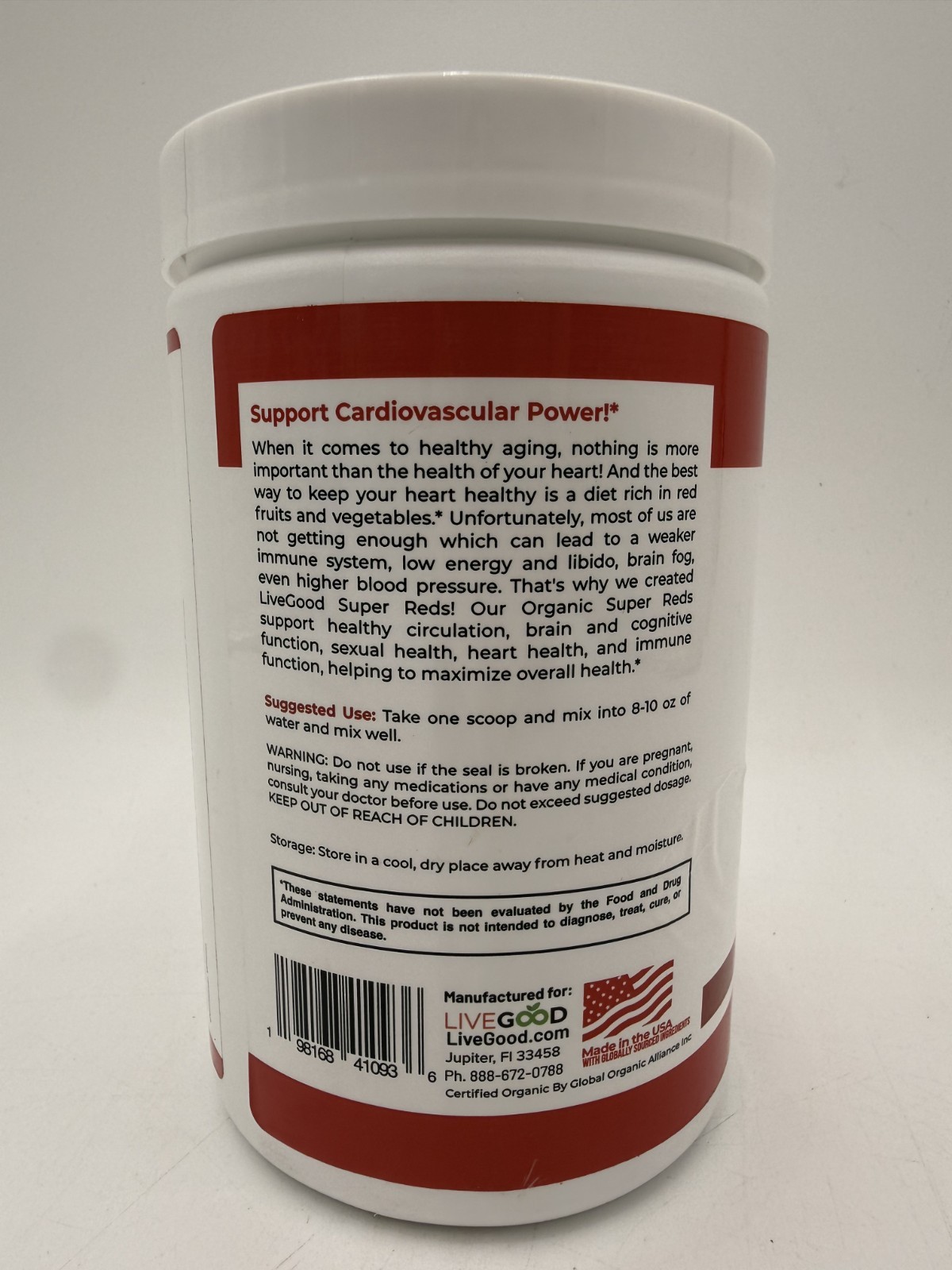 LiveGood Organic Super Reds Cardiovascular Power Supplement, 9.25oz, EXP: 2028