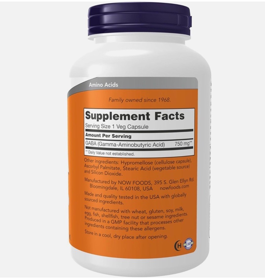 NOW Foods GABA Neurotransmitter Support 750 mg 200 Veg Capsules BB 10/2030 Seal