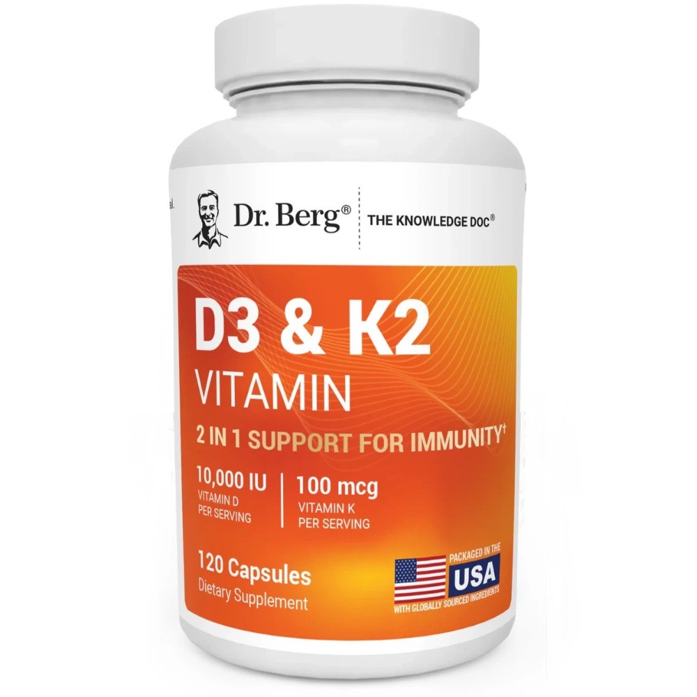 Dr. Berg – D3 & K2 Vitamin – 10,000IU Vitamin D 100mcg Vitamin K2 – 120 Capsules