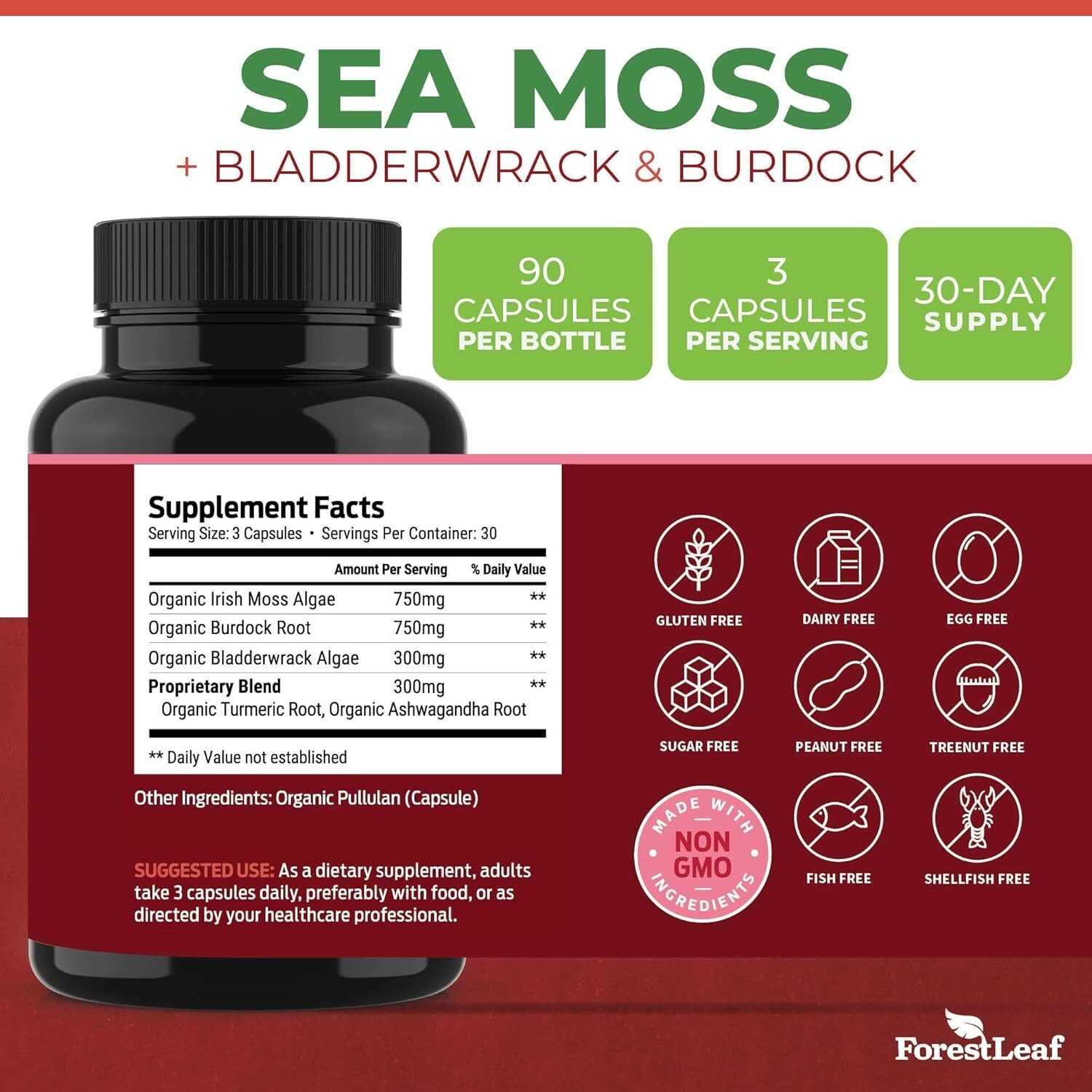 2 PACK ForestLeaf Organic Sea Moss Bladderwrack Burdock Root 180 Veg Cap USAMADE