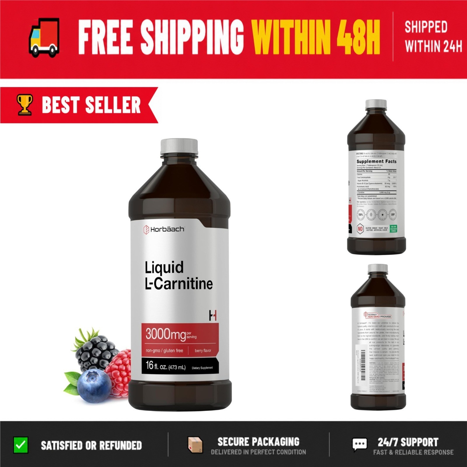 Horbäach L-Carnitine Liquid 3000 mg 16 fl oz Berry Flavor Supplement