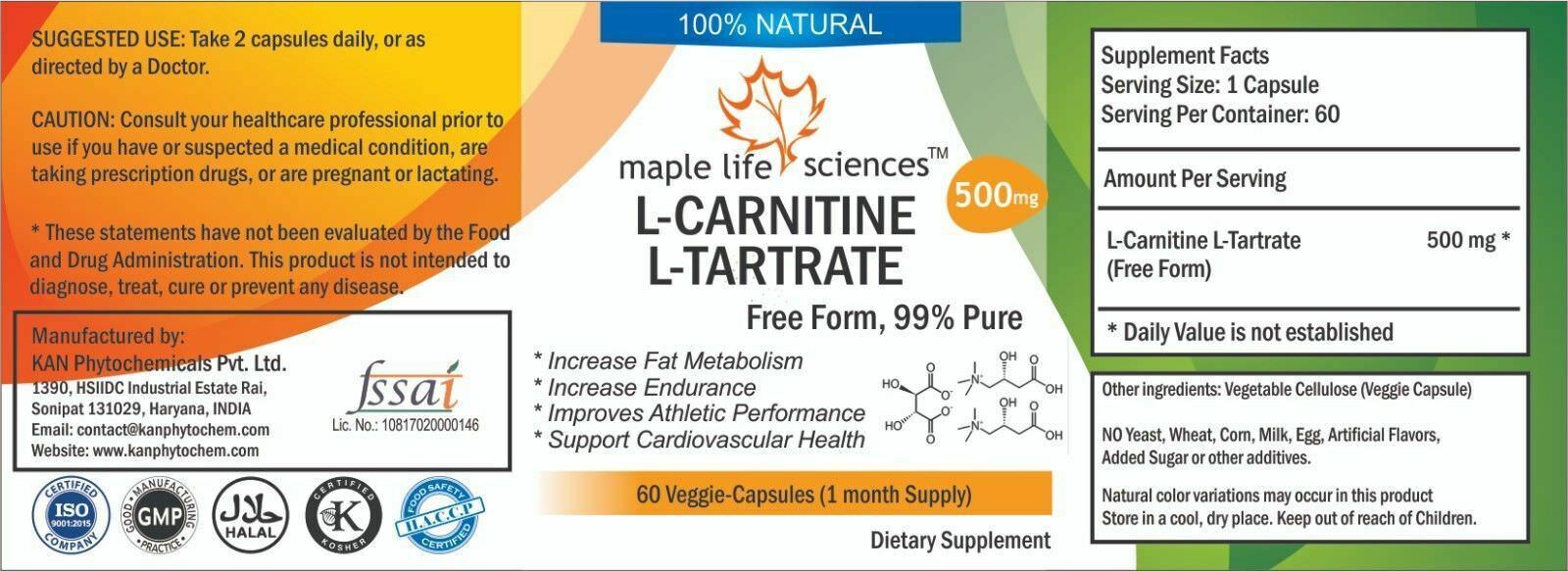 L-Carnitine L-Tartrate Capsules (Free Form, 99% Pure) – 500mg – AU Stock