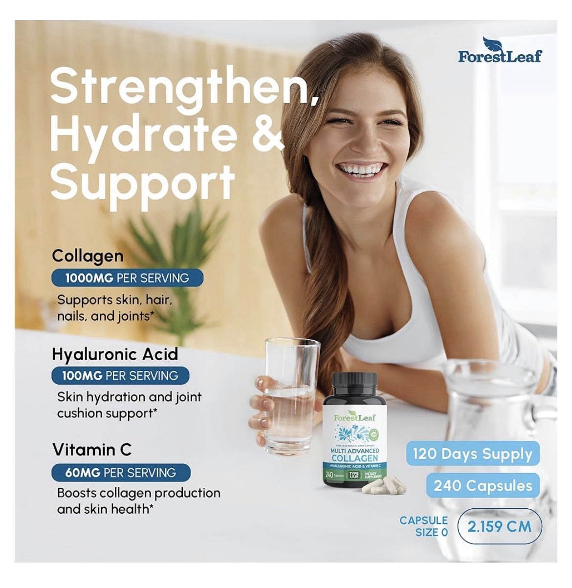 ForestLeaf Advanced Collagen Type I II III + HA + Vitamin C 240 Caps Exp 09/2027
