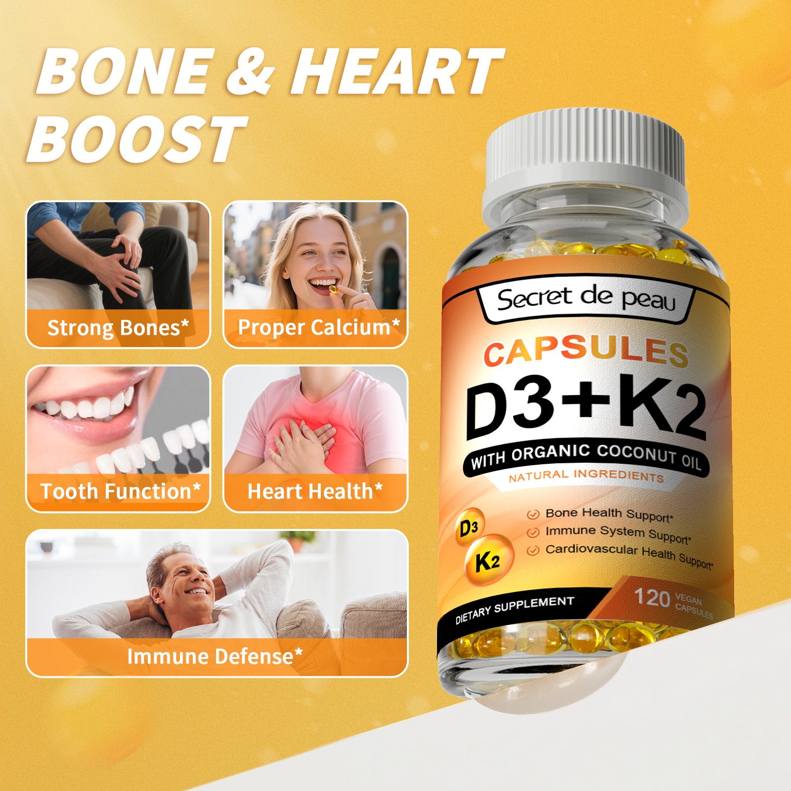 Vitamin K2 (MK7) + D3 Extra Strength Bone & Heart Health Non GMO Capsules