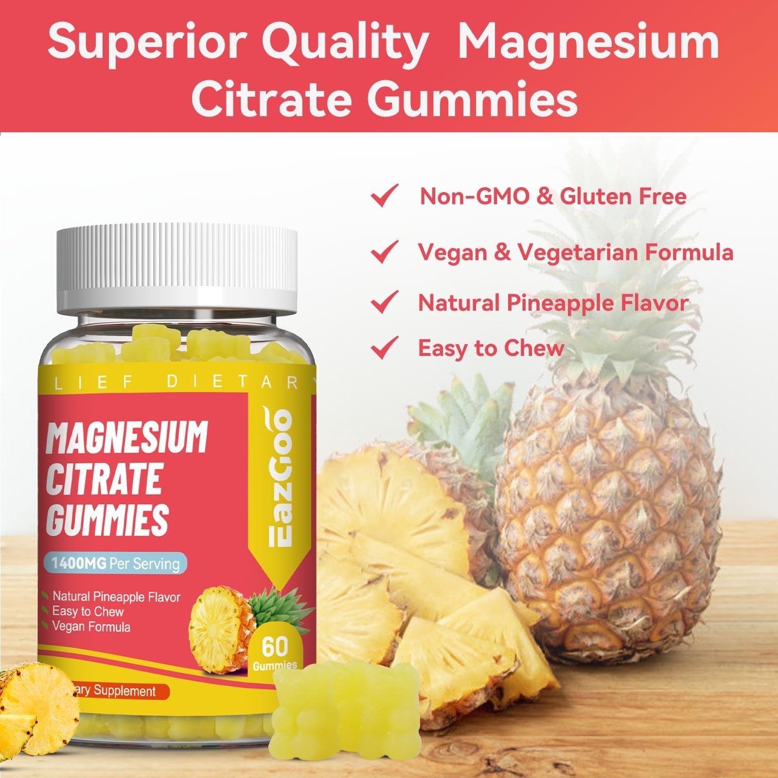 EAZGOO 1400MG Magnesium Citrate Gummies – Vegan, Non-GMO, 60 Count