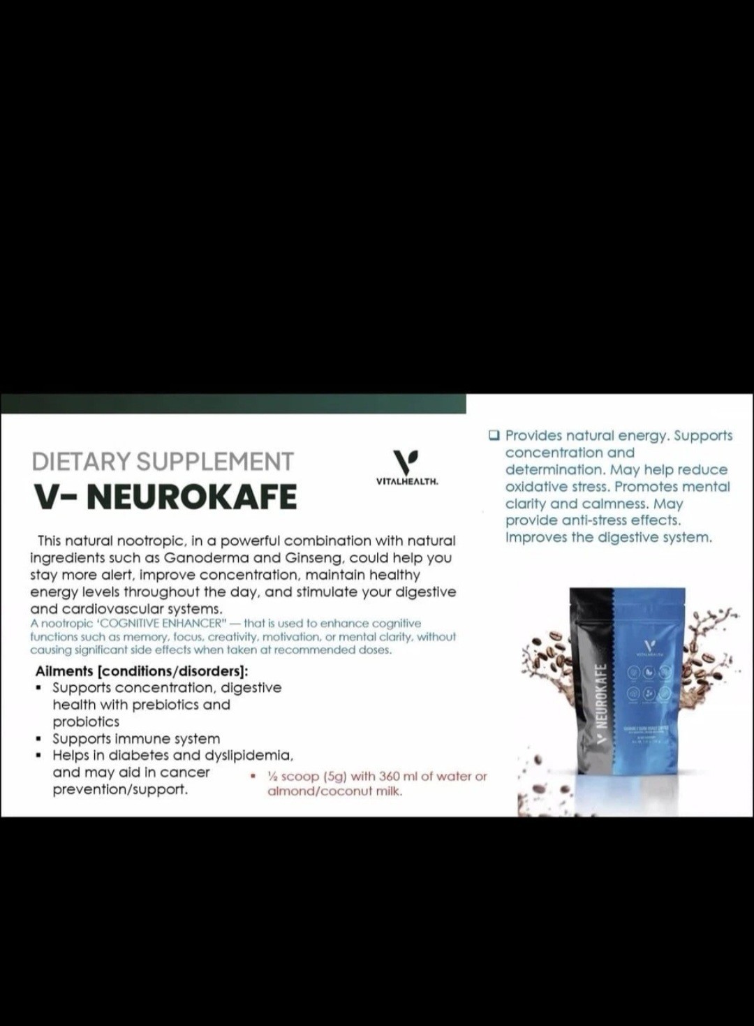 VitalHealth NeuroKafe Dark Roast Coffee Ganoderma Ginseng Keto Probiotic