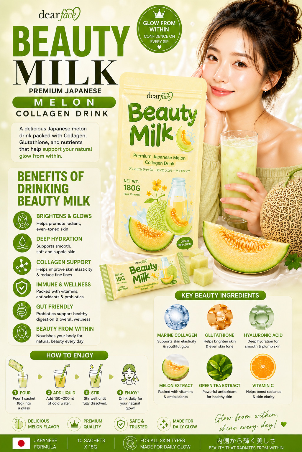 Beauty Milk Powder Skin Brightening Premium Japanese Melon Collagen Drink Whiten