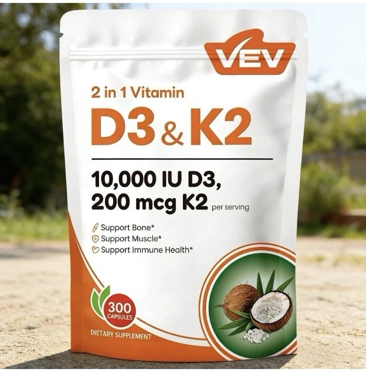 VEV Vitamin D3 & K2 10,000 IU D3 200 mcg K2 300 Softgels Coconut Oil Vegan