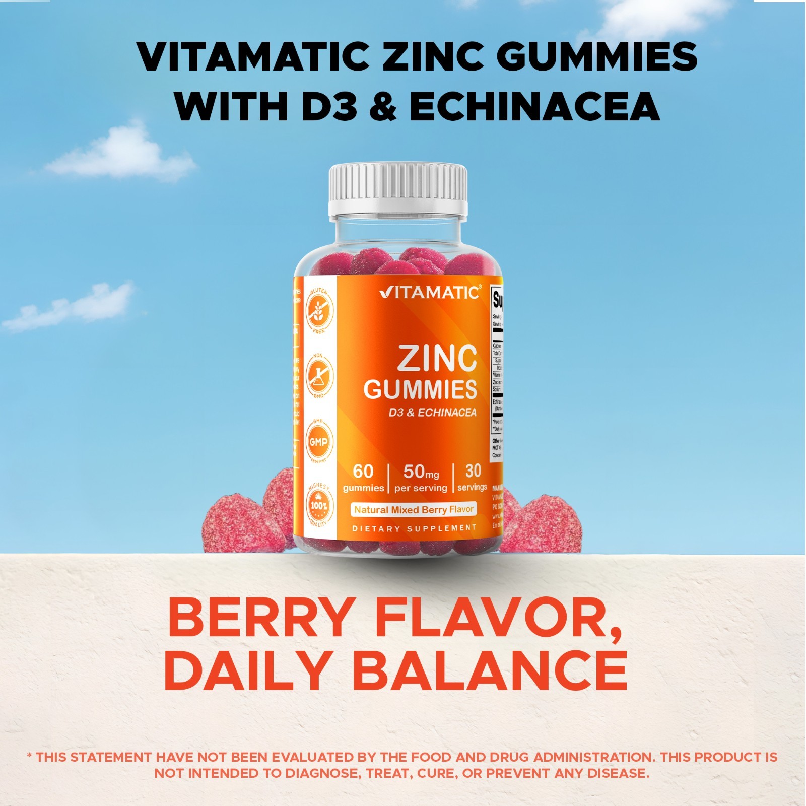 Vitamatic Zinc 50mg Gummies – 60 Vegan Gummies – Gluten Free