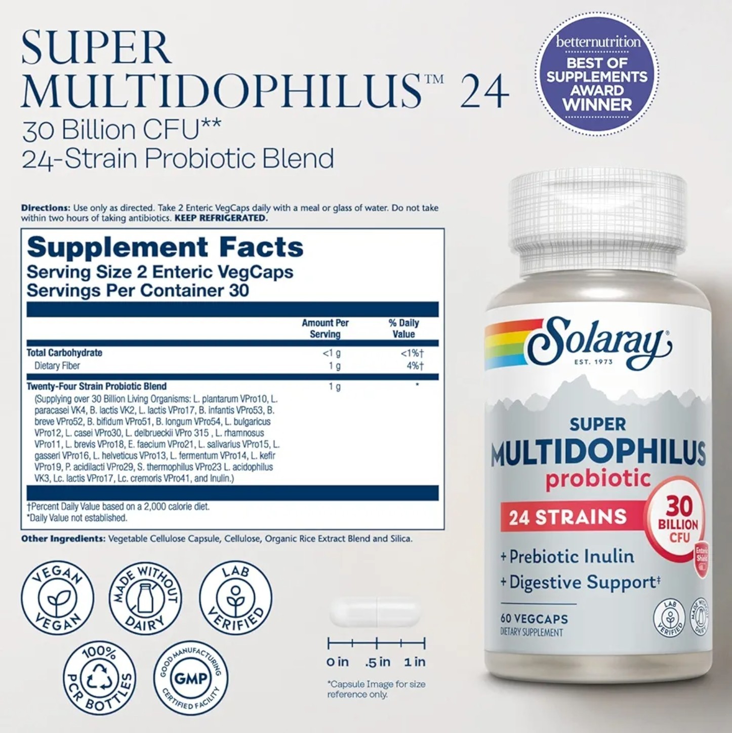 Solaray SUPER MUTIDOPHILUS PROBIOTIC 30 Billion CFU 60 Capsules (BEST BY 07/26)