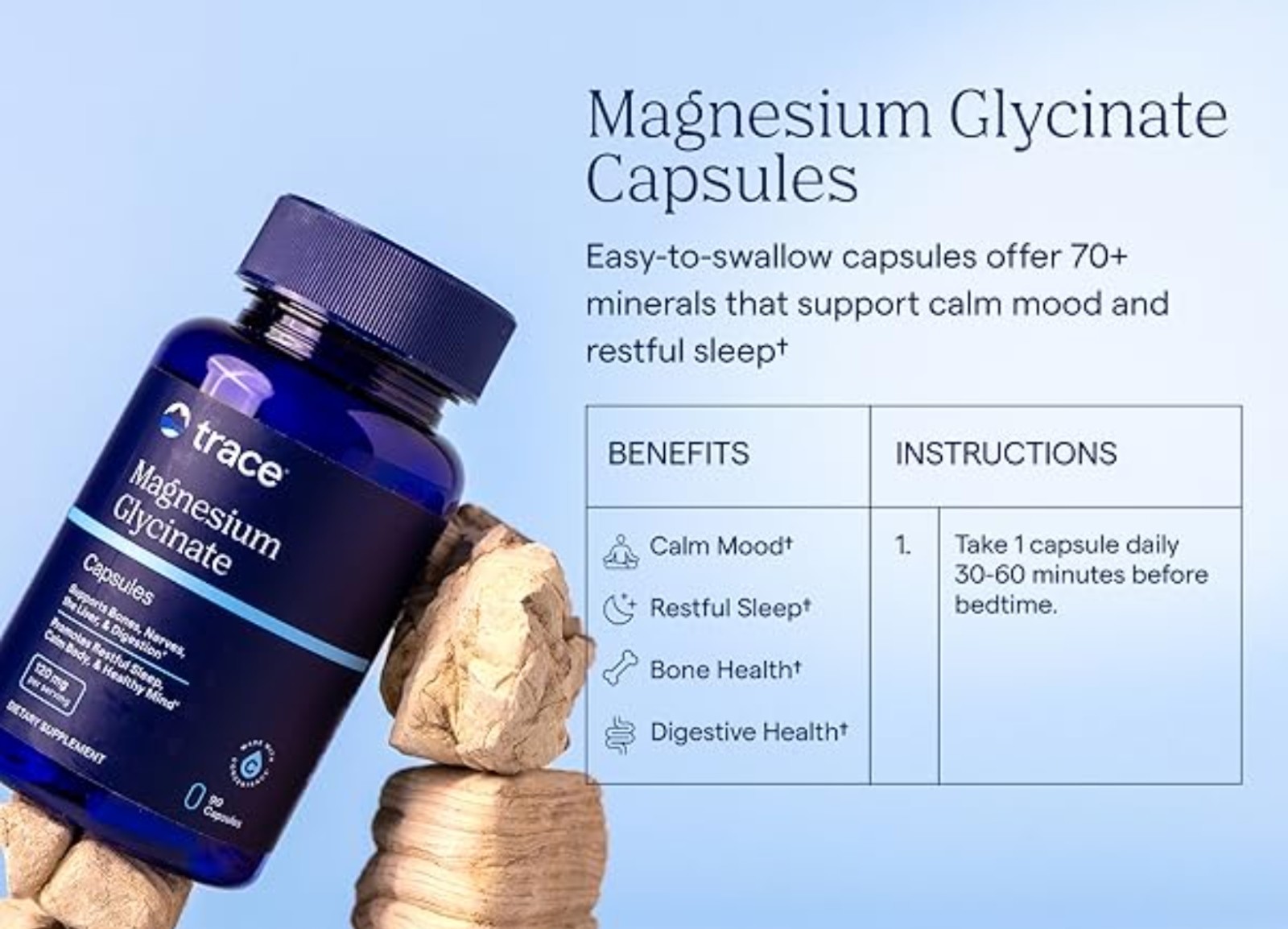 Trace MAGNESIUM GLYCINATE 120 mg 90 Caps ( 90 Servings ) Relax And Sleep Support